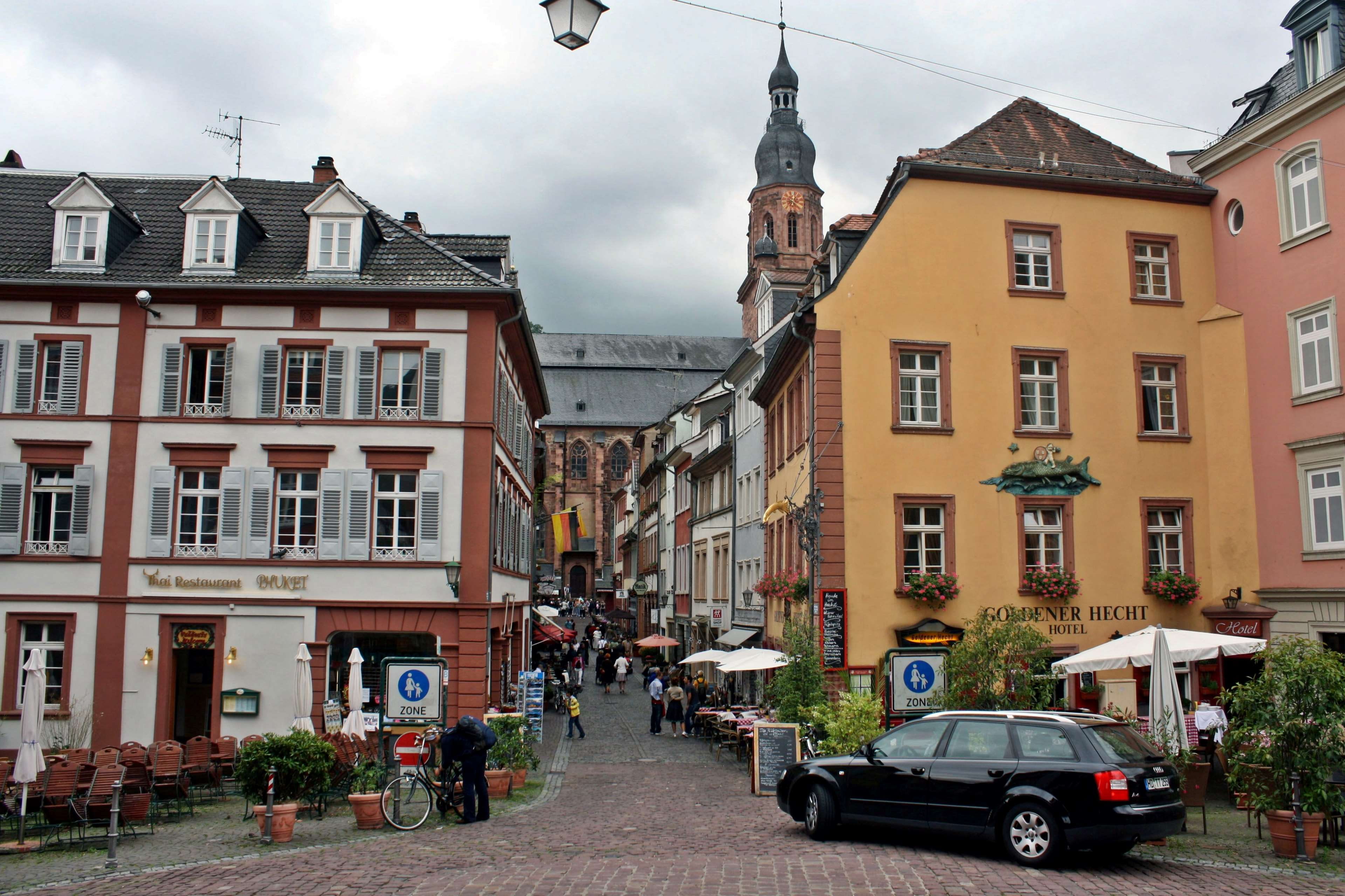 mode of transportation, nature, city, old town, group of people, sky, men, cloud - sky, motor vehicle, incidental people, heidelberg, street, car, 4K, HD Wallpaper