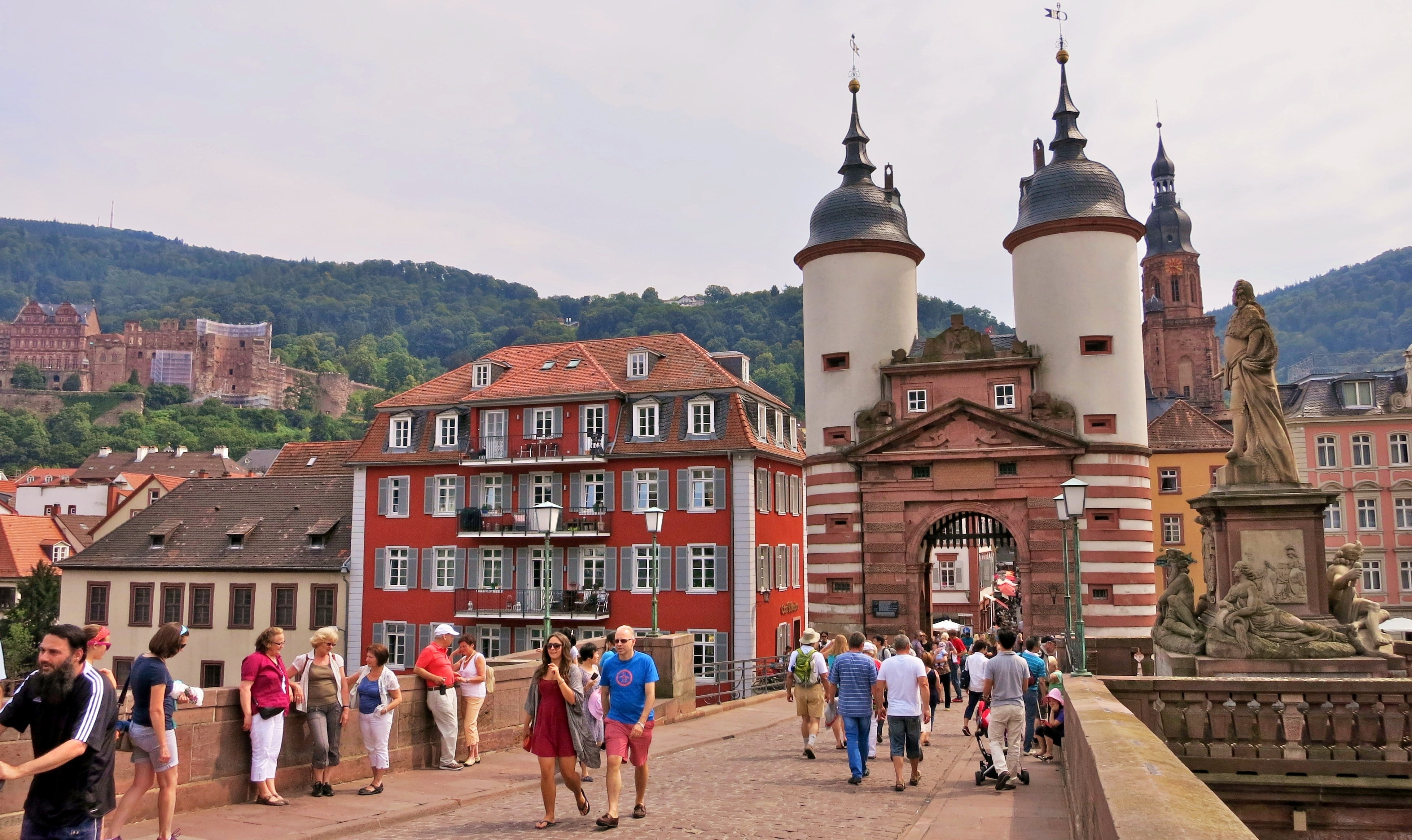 sky, walking, heidelberger schloss, the past, concrete, river, buildings, travel, real people, built structure, bridge, travel destinations, old town, city gate, HD Wallpaper