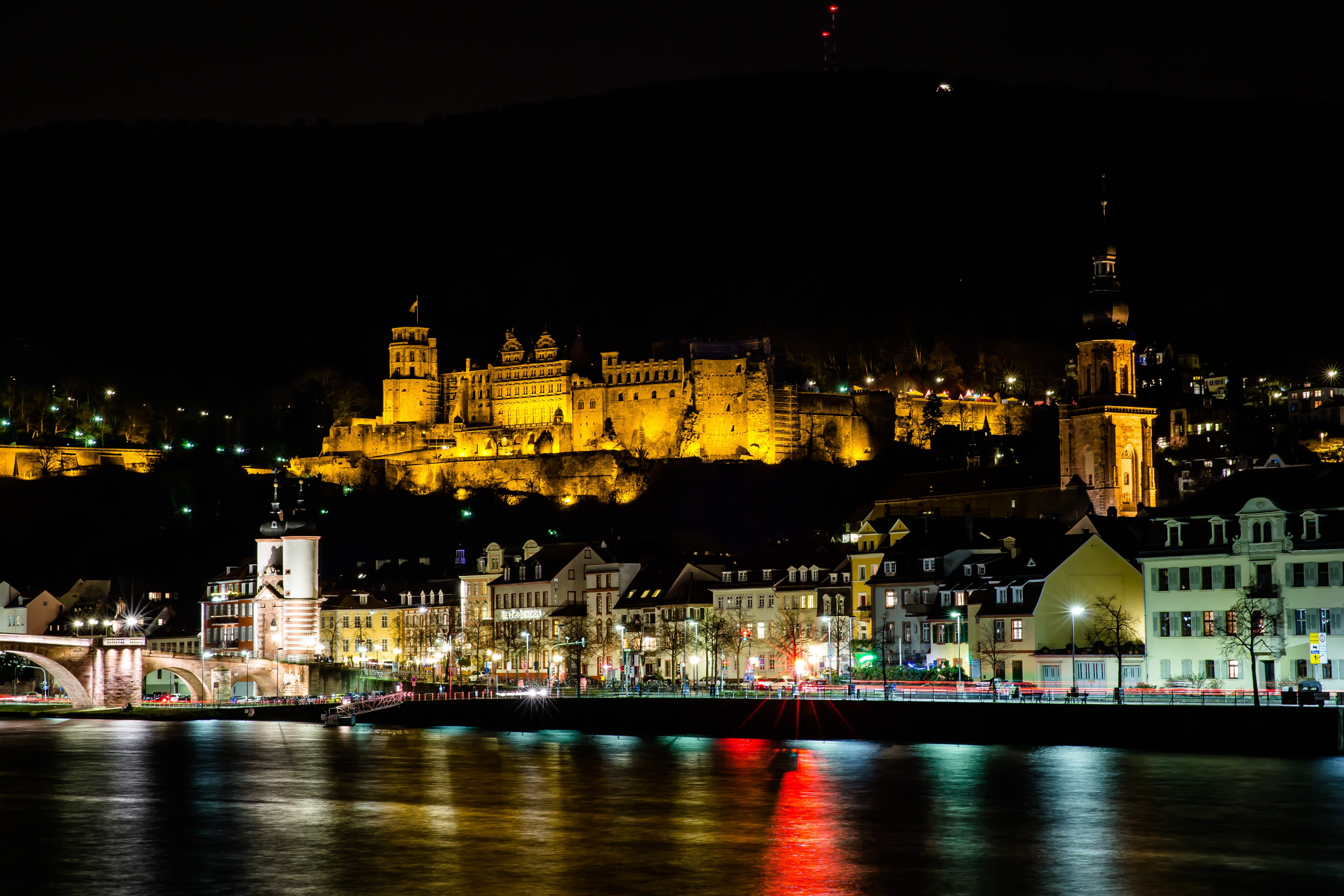 tourism, 5K, fortress, Heidelberger, buildings, nature, building exterior, lighting, connection, old bridge, nighttime, photography, historically, bridge, HD Wallpaper