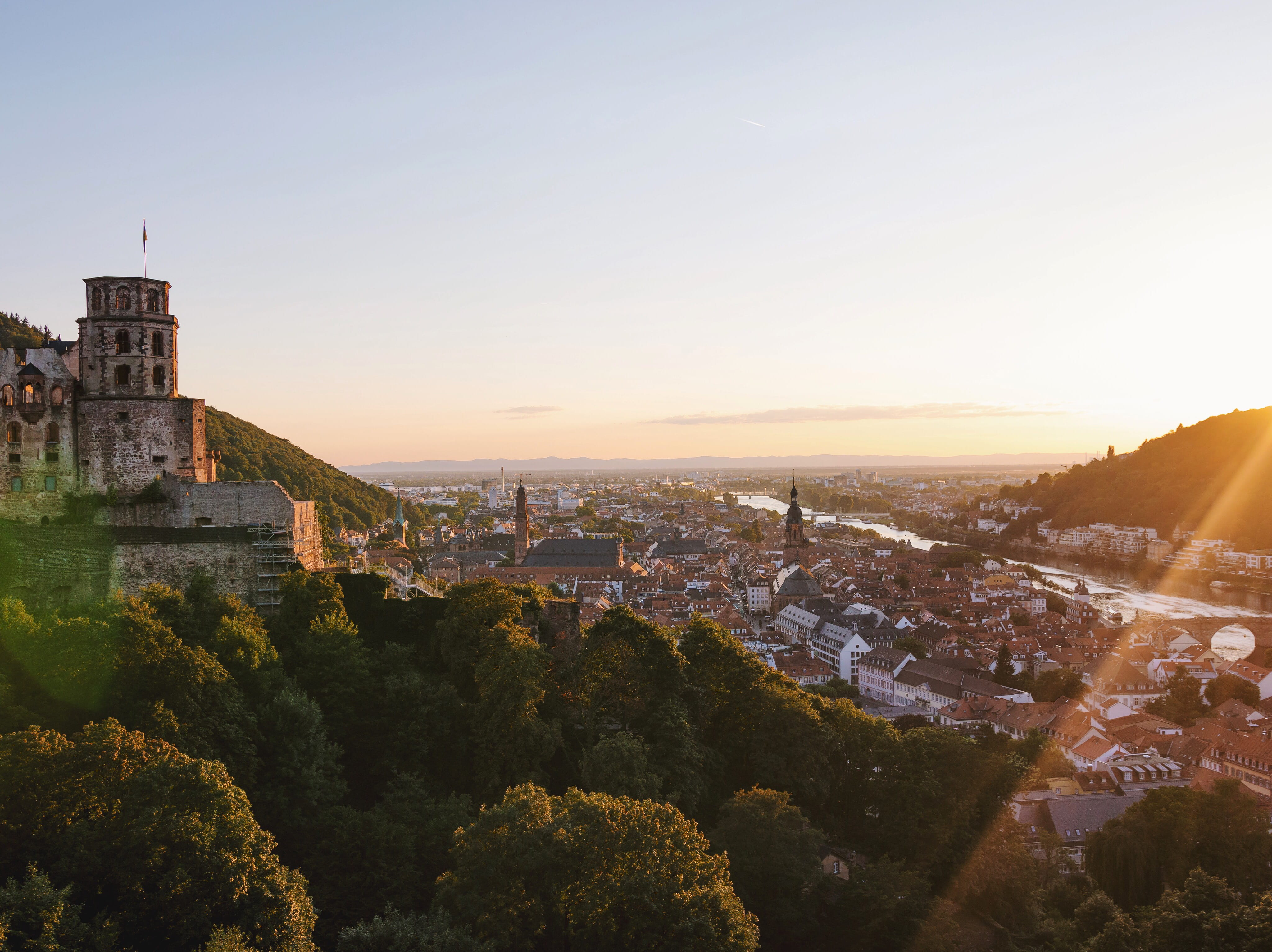 nature, city, cityscape, tree, townscape, castle, building, sky, views, sunlight, outdoors, old, clear sky, germany, 4K, building exterior, built structure, HD Wallpaper
