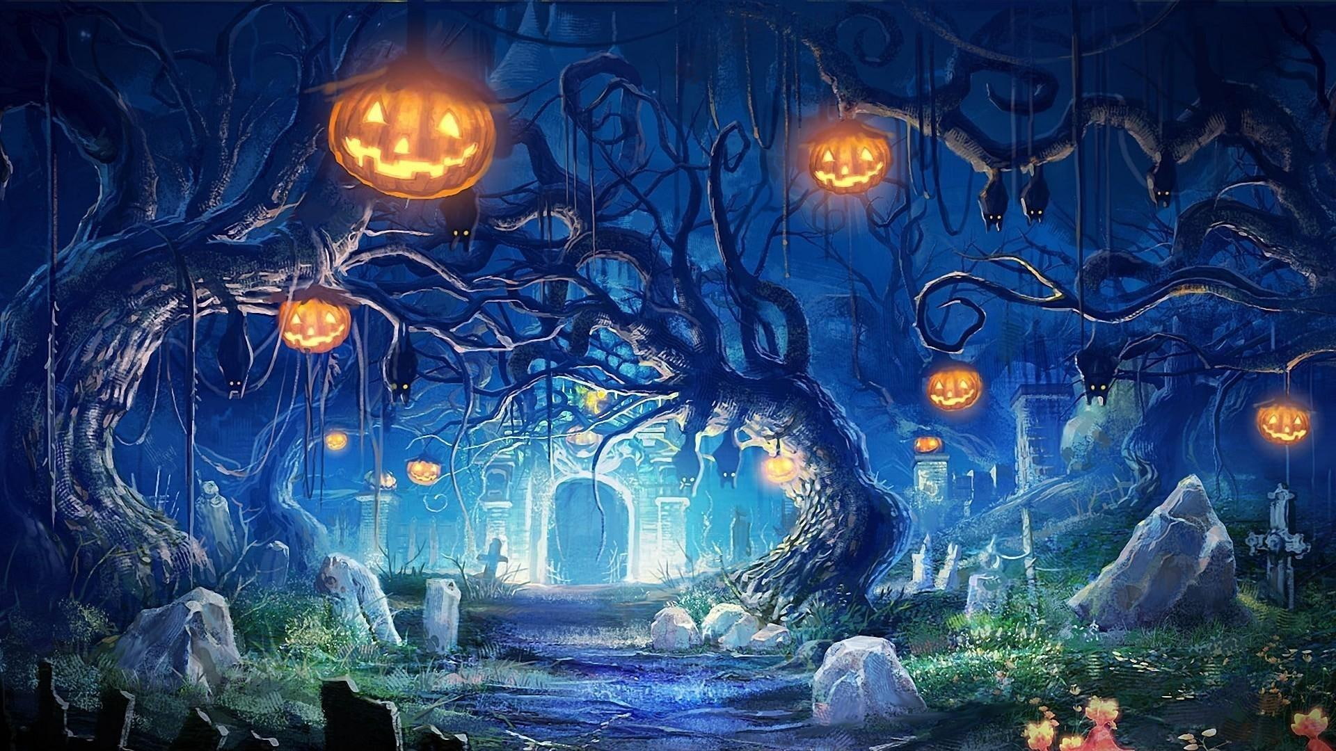 halloween, graves, pumpkins, holiday, darkness, lights, fear, gates, bates, night, castle, celebration, 1080P, HD Wallpaper