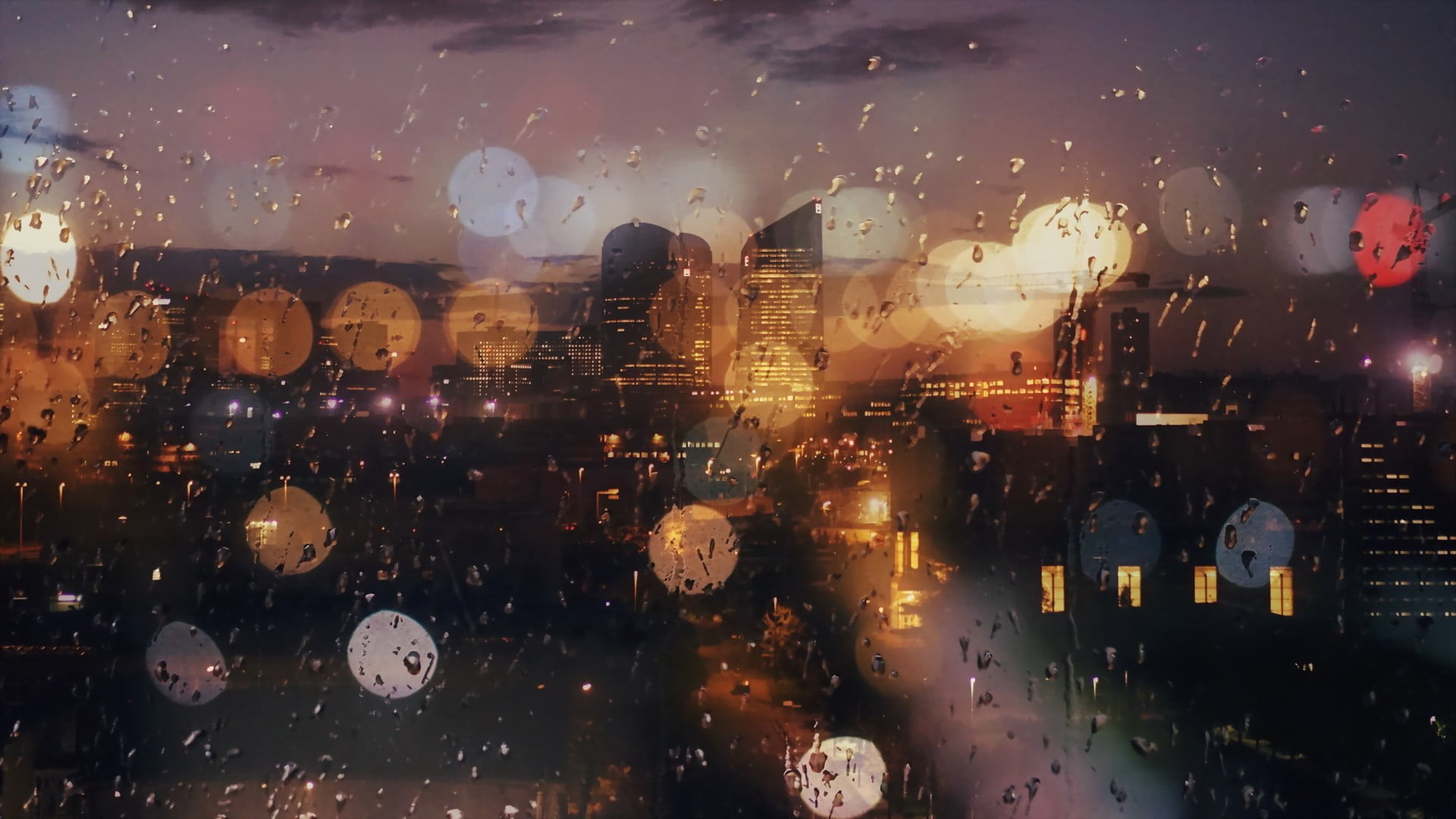 illuminated, rainy season, street, transparent, window, raining, building exterior, water drops, city, glass, wet, built structure, drop, raindrop, architecture, HD Wallpaper