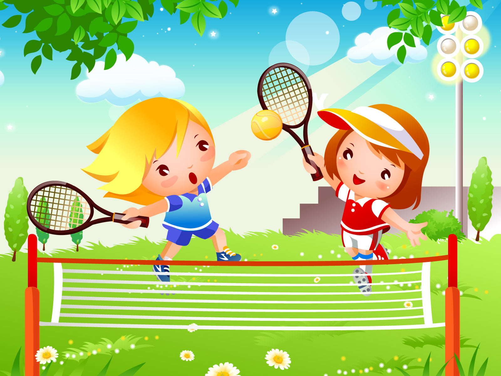 tennis, two people, women, cute, smiling, cartoon, couple - relationship, girl, playing, girls, childhood, boy, men, lifestyles, child, males, sky, 720P, HD Wallpaper