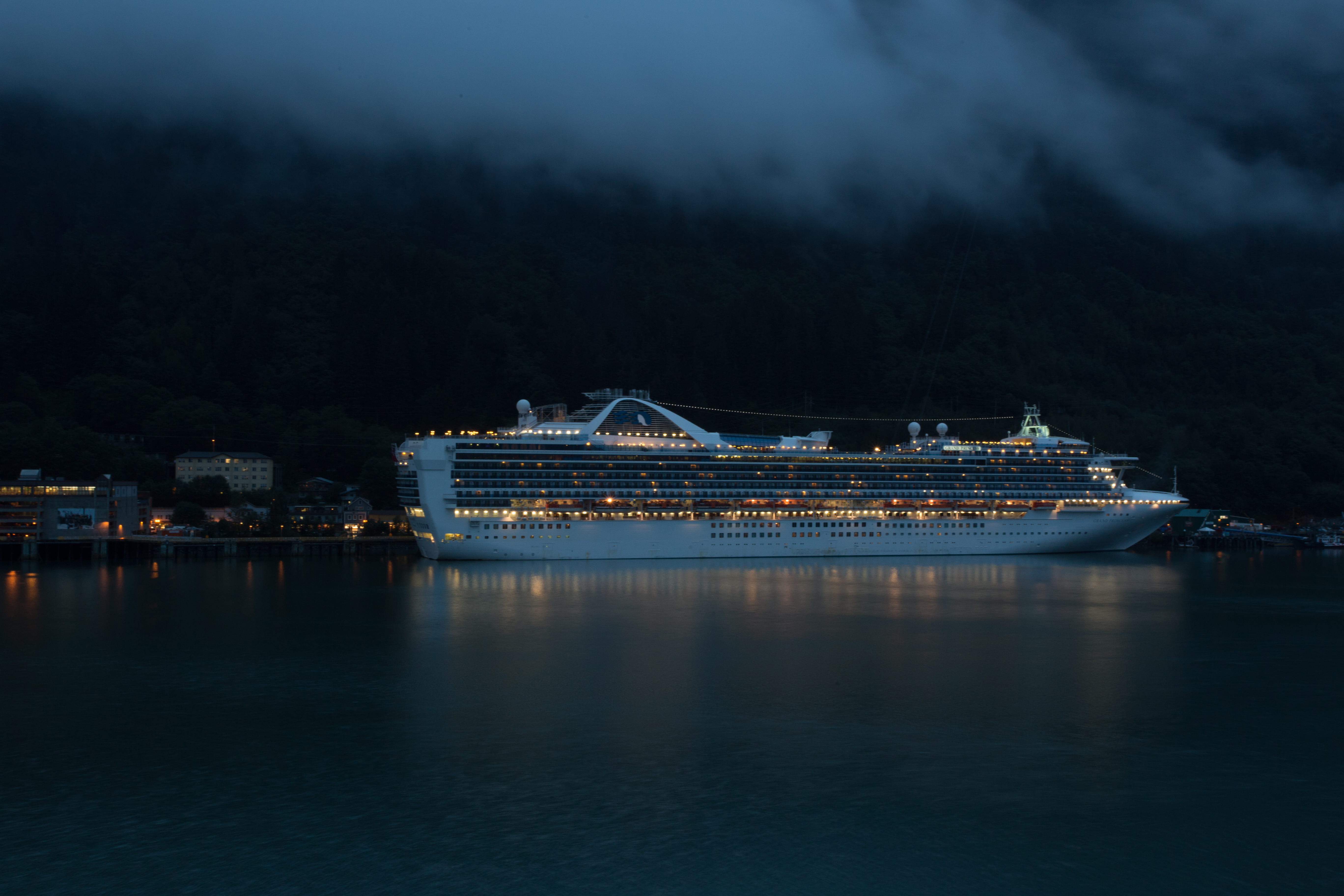 cruise, ship, night, city, sky, nautical vessel, mode of transportation, docked, waterfront, building exterior, transportation, water, cruise ship, outdoors, HD Wallpaper