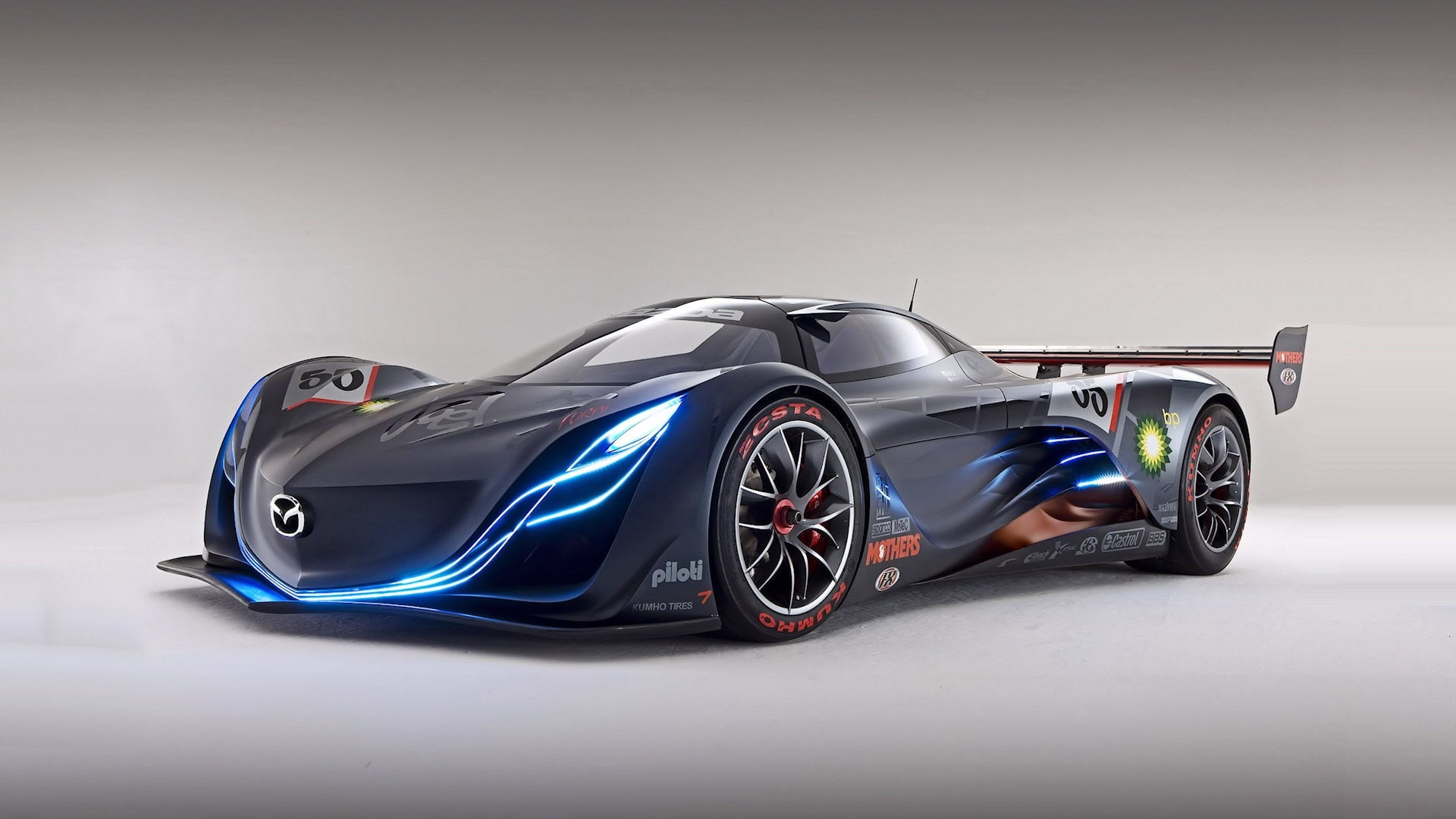1080P, Mazda, luxury, competition, wealth, land vehicle, car, copy space, sport, wheel, sports, gray background, racecar, blue, motor vehicle, indoors, HD Wallpaper