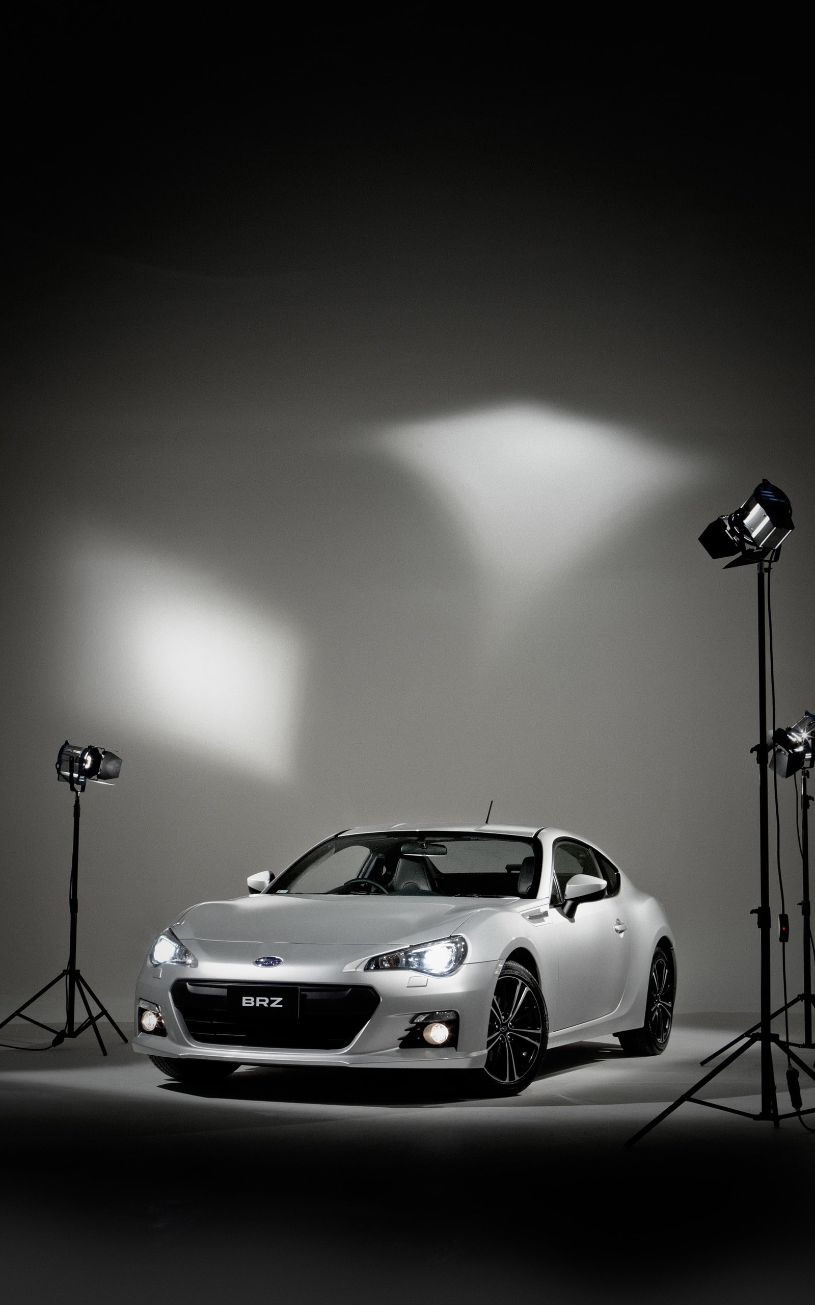 front angle view, Subaru BRZ, spotlights, portrait display, simple background, Toyobaru, Subaru, vehicle, car, 2K, Phone HD Wallpaper