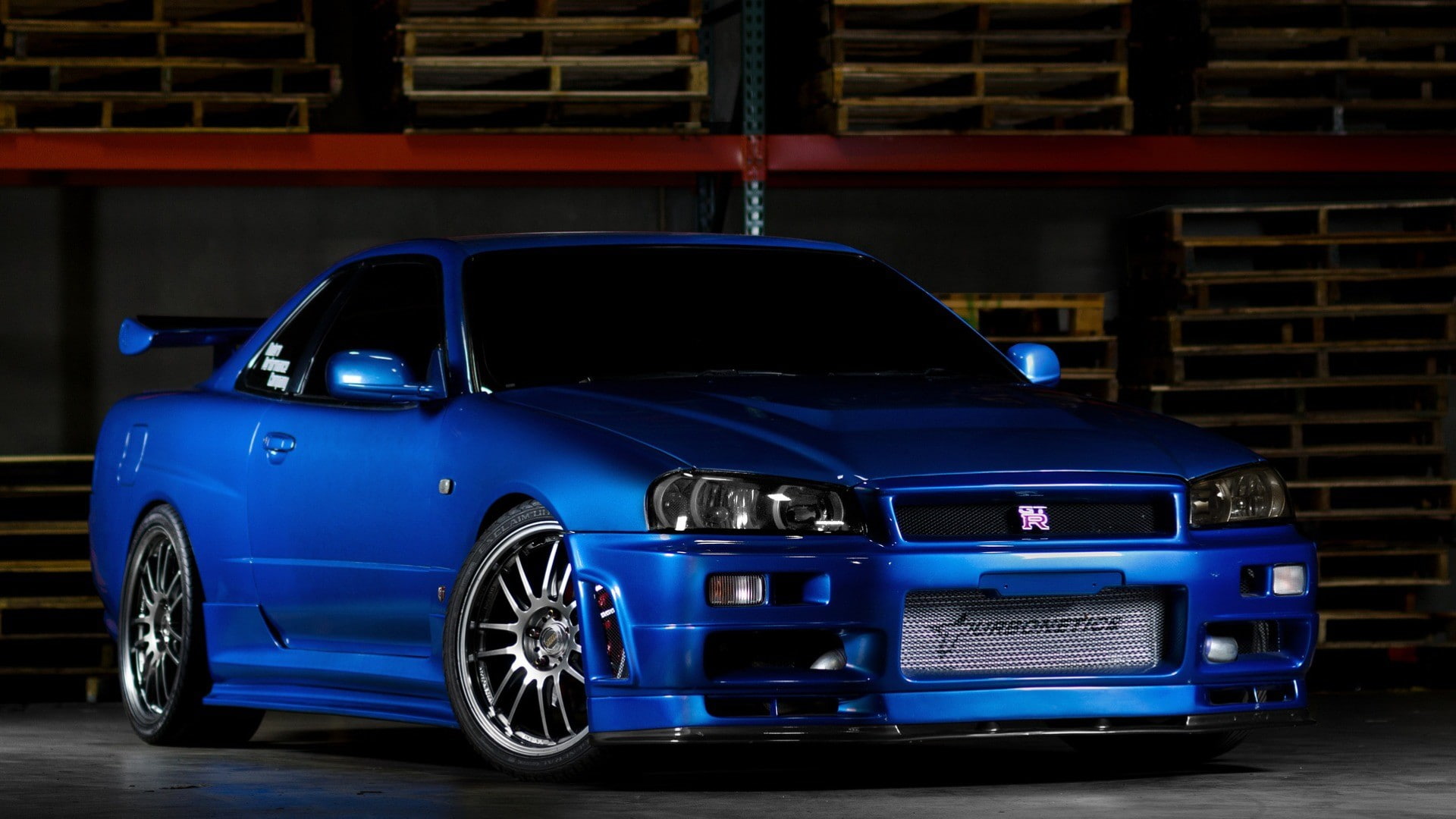 mode of transportation, Gtr, Nissan skyline, indoors, car, transportation, city, vintage car, R34, stationary, Front view, sports car, motor vehicle, Blue, HD Wallpaper