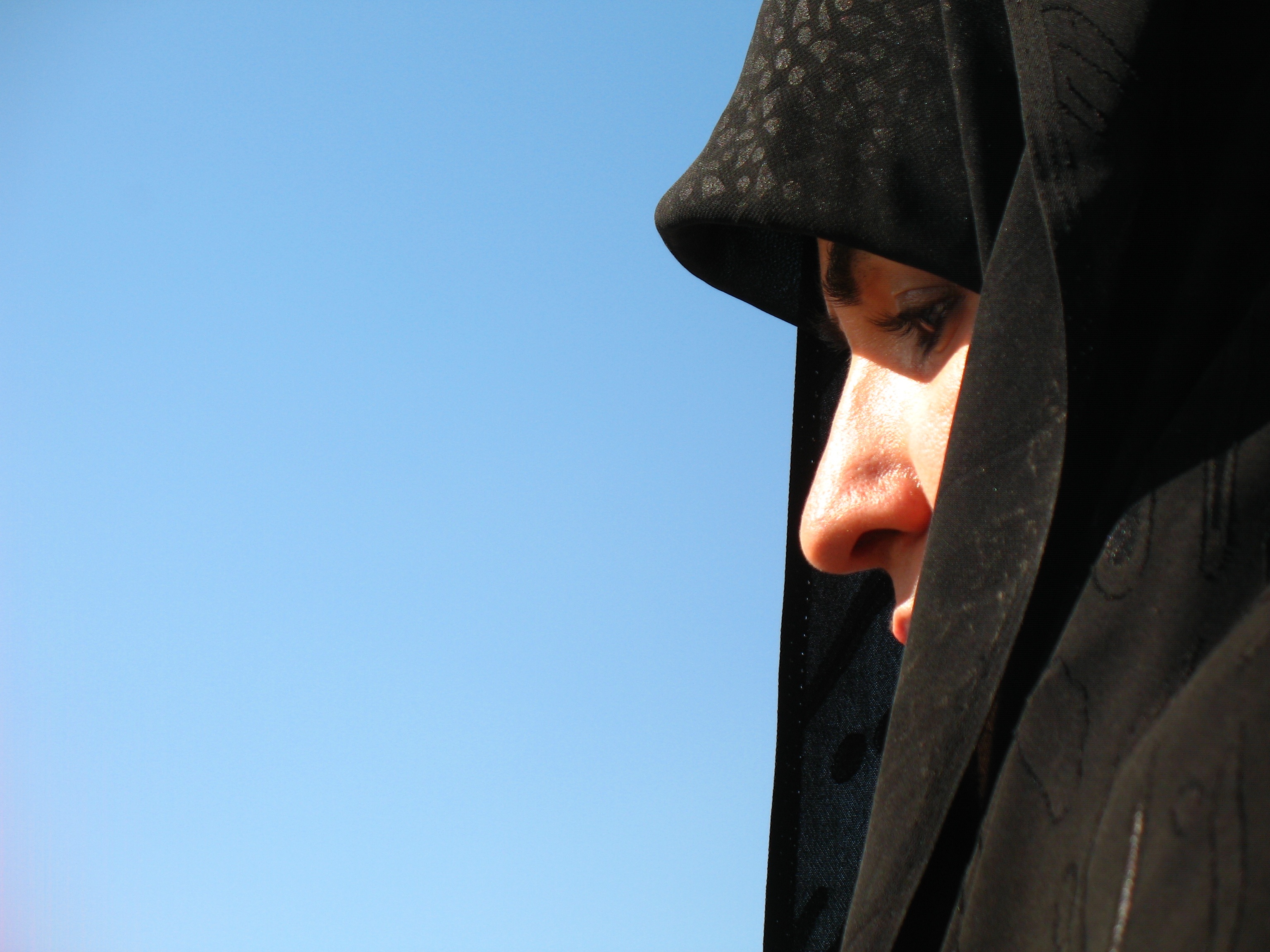 chador, 2K, black, leisure activity, portrait, copy space, hijab, hood, men, god, clothing, headshot, sky, woman, hood - clothing, human body part, lifestyles, HD Wallpaper