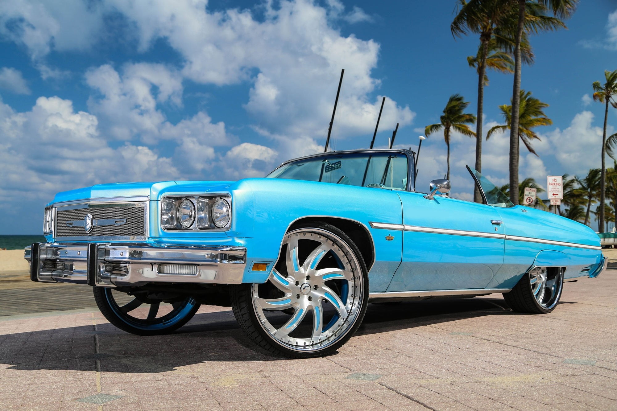 elegance, 75-caprice, travel, palm tree, summer, turquoise colored, vintage Car, chevrolet, history, street, antique, day, mode of Transport, stationary, HD Wallpaper