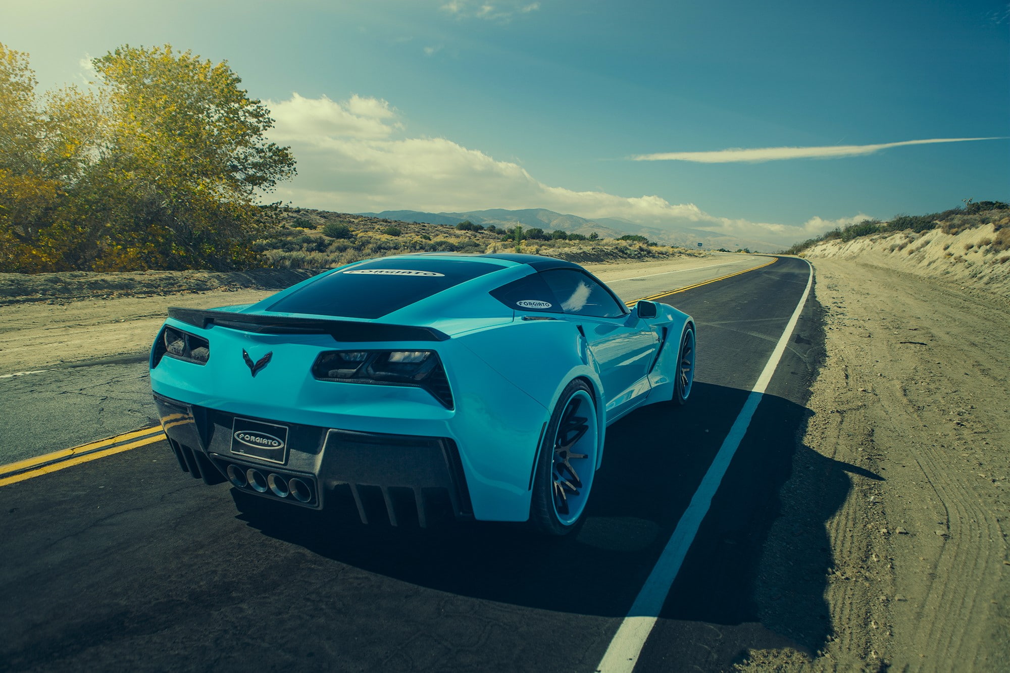 car, land vehicle, Blue, mode of transportation, day, road, road trip, land, outdoors, cloud - sky, Forgiato, Rear view, sky, Corvette, 1080P, travel, HD Wallpaper