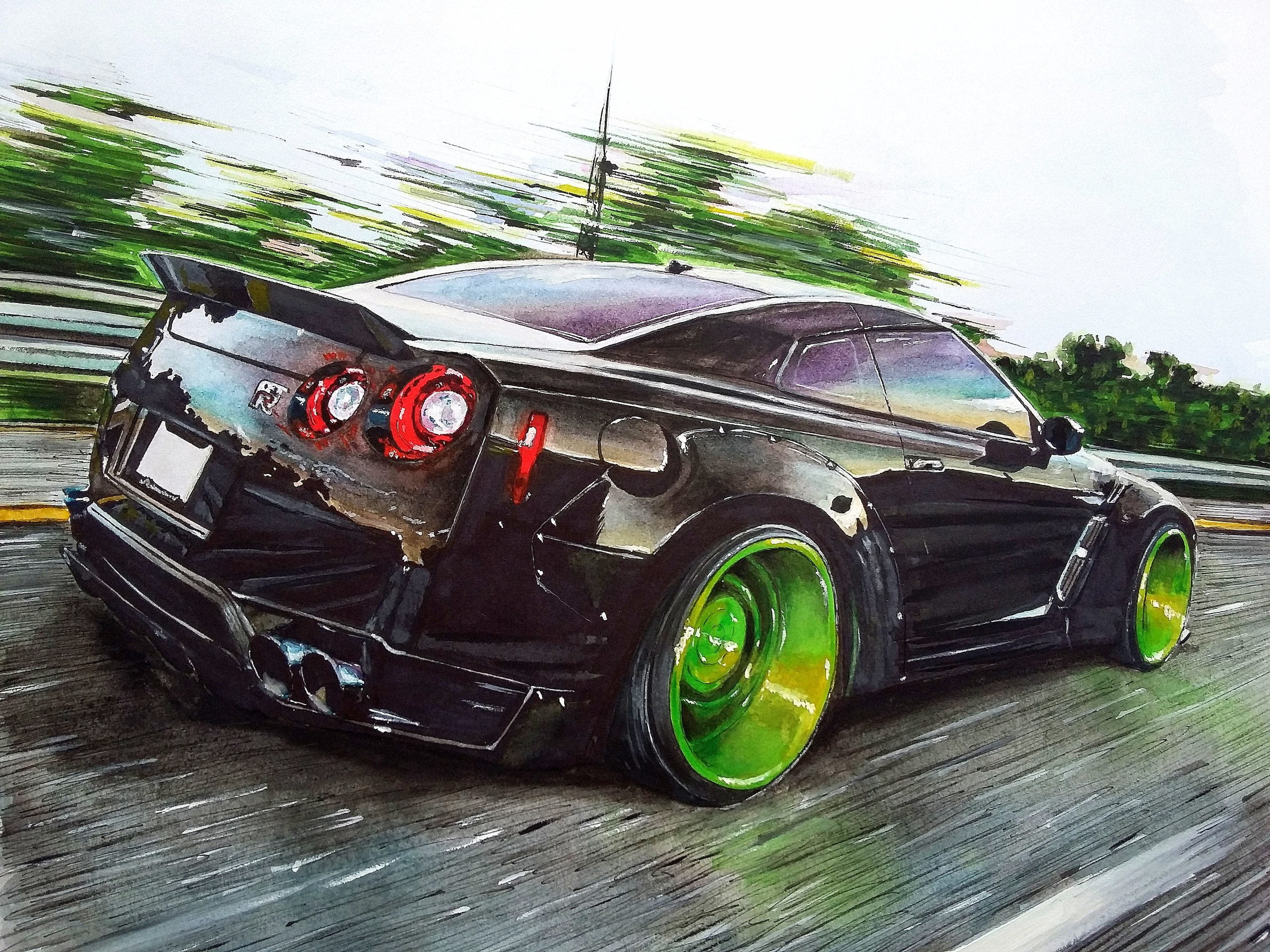 GT-R, Art, drives, Liberty Walk, Nissan, green, 2K, speed, HD Wallpaper