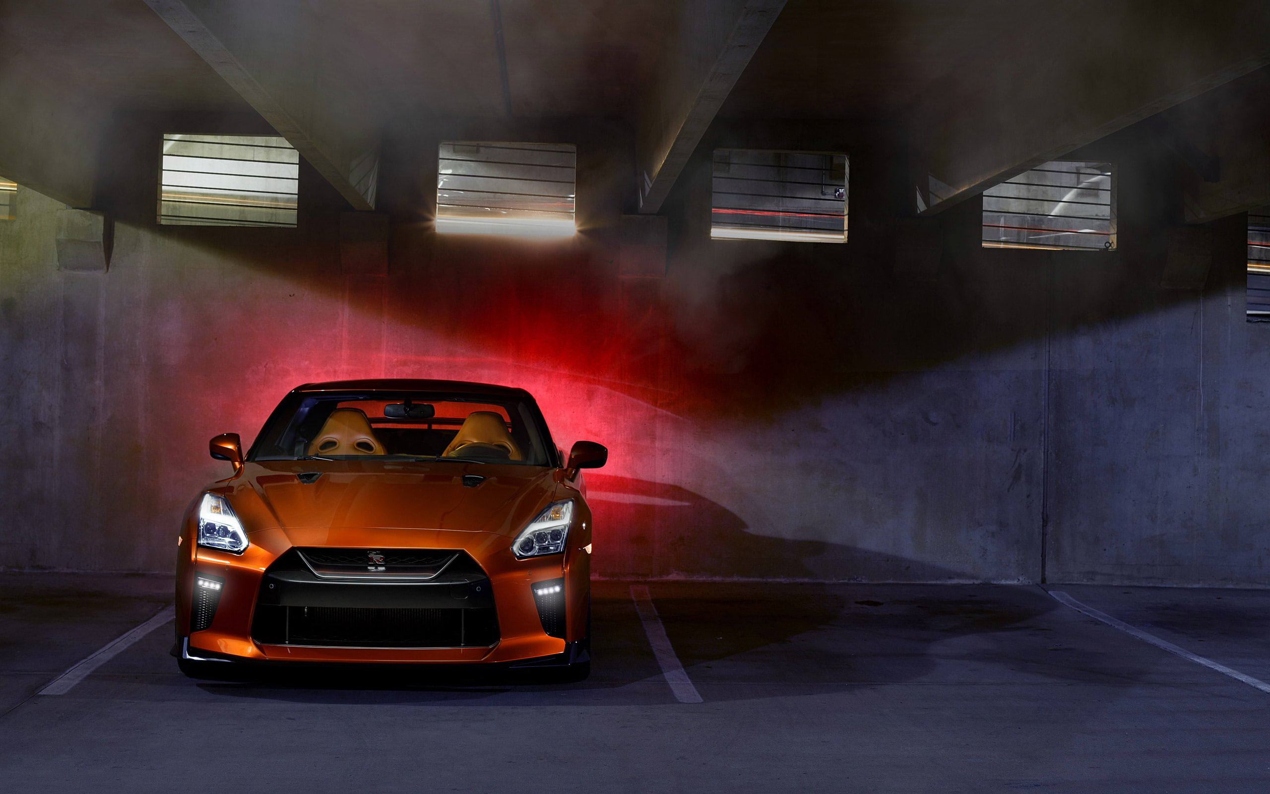 Nissan GT-R R35, Super Car, vehicle, car, orange cars, Nissan GTR, 2K, parking lot, HD Wallpaper