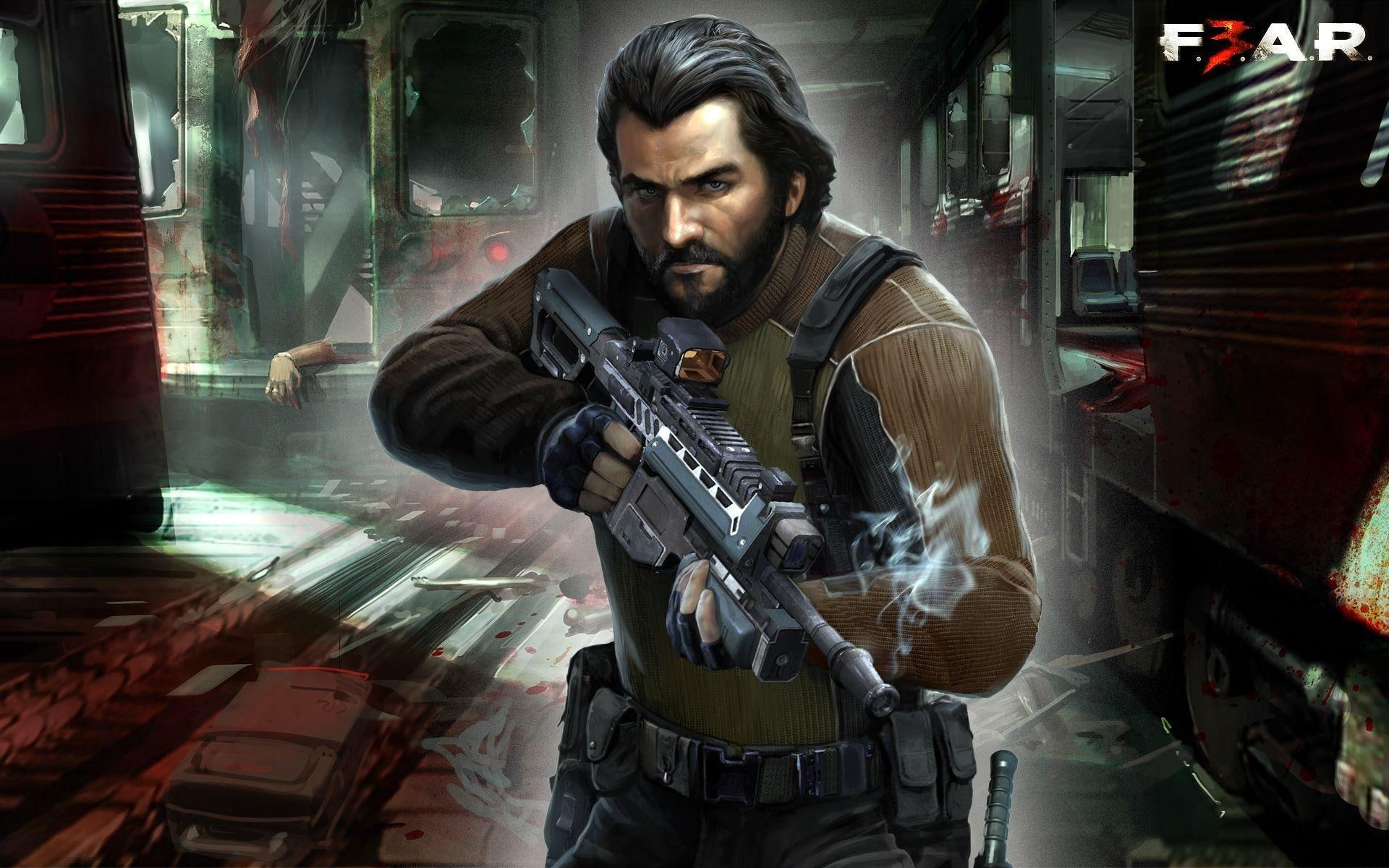 application, r, rifle, holding, 1080P, man, f, game, e, 1920x1200, f.e.a.r., games, HD Wallpaper