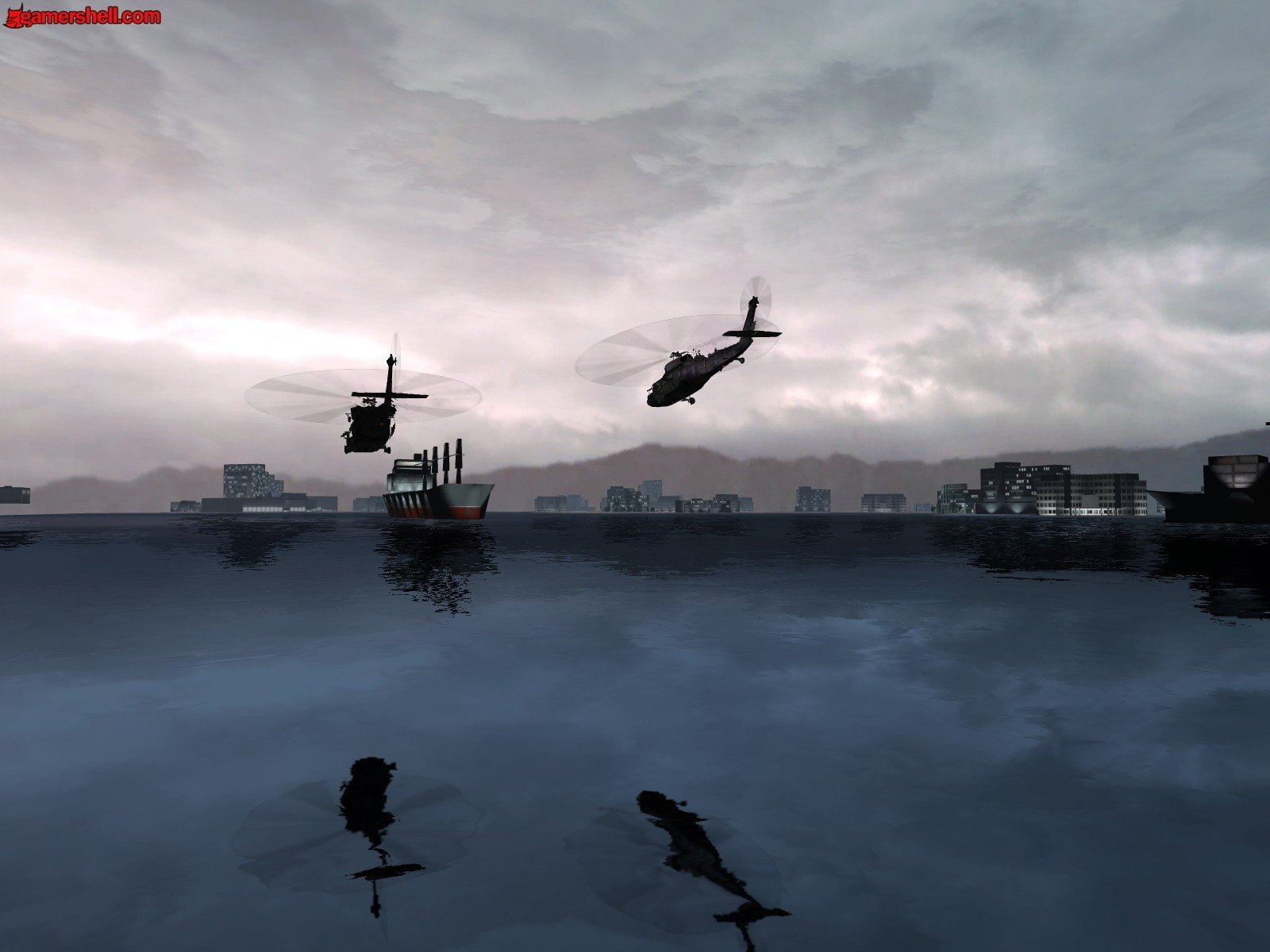 Video Game, Game, Helicopter, Cloud, F.E.A.R., Water, Sky, 720P, Ship, Town, HD Wallpaper