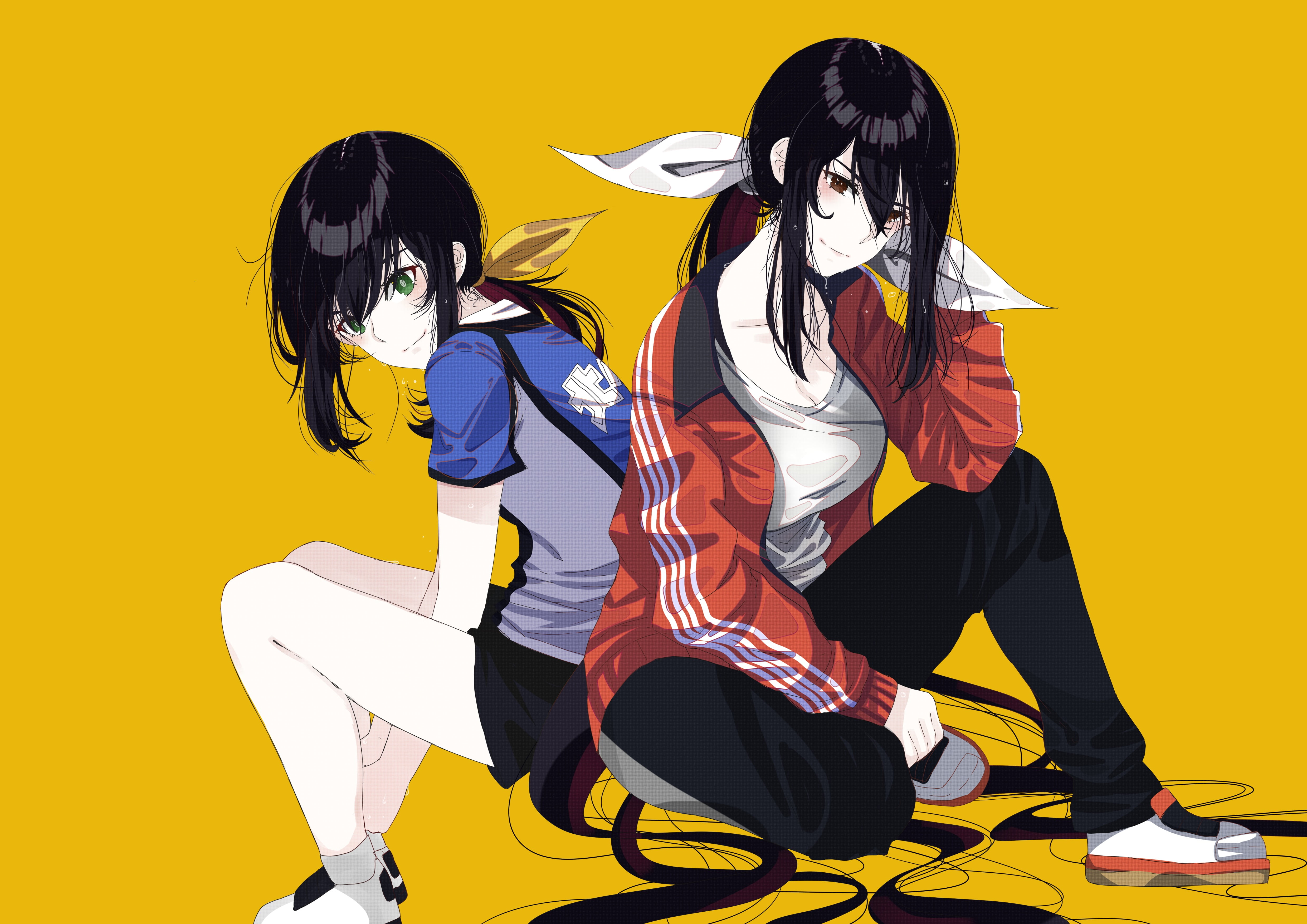 two people, characters, yellow, indoors, offspring, people, full length, Hanesaki Ayano, illustration, child, sister, sibling, girls, activity, women, friendship, HD Wallpaper