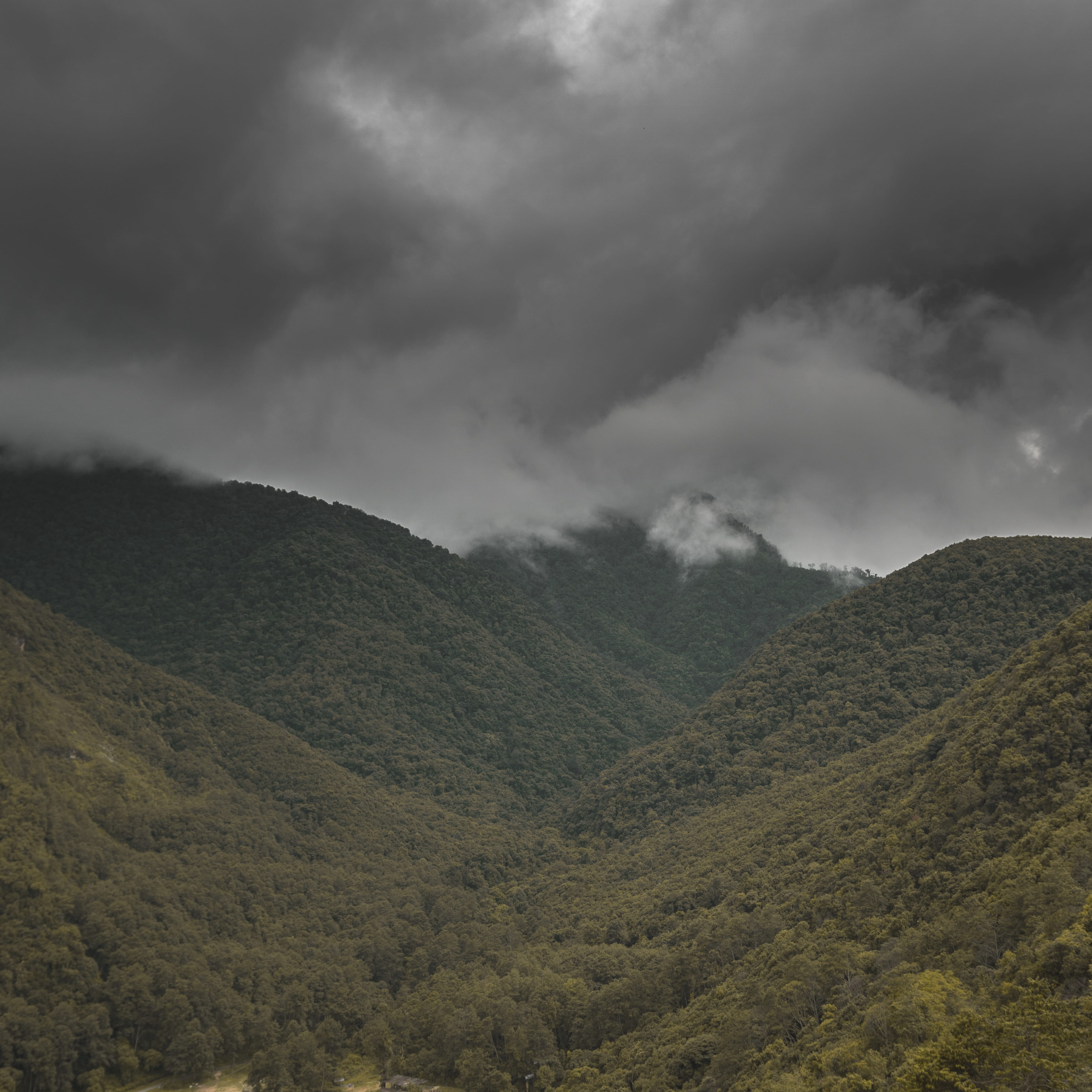 dark, outdoors, storm, tranquility, nature, environment, thunderstorm, rain, non-urban scene, fog, mountain range, hills, godawari, mountains, torrential rain, Phone HD Wallpaper