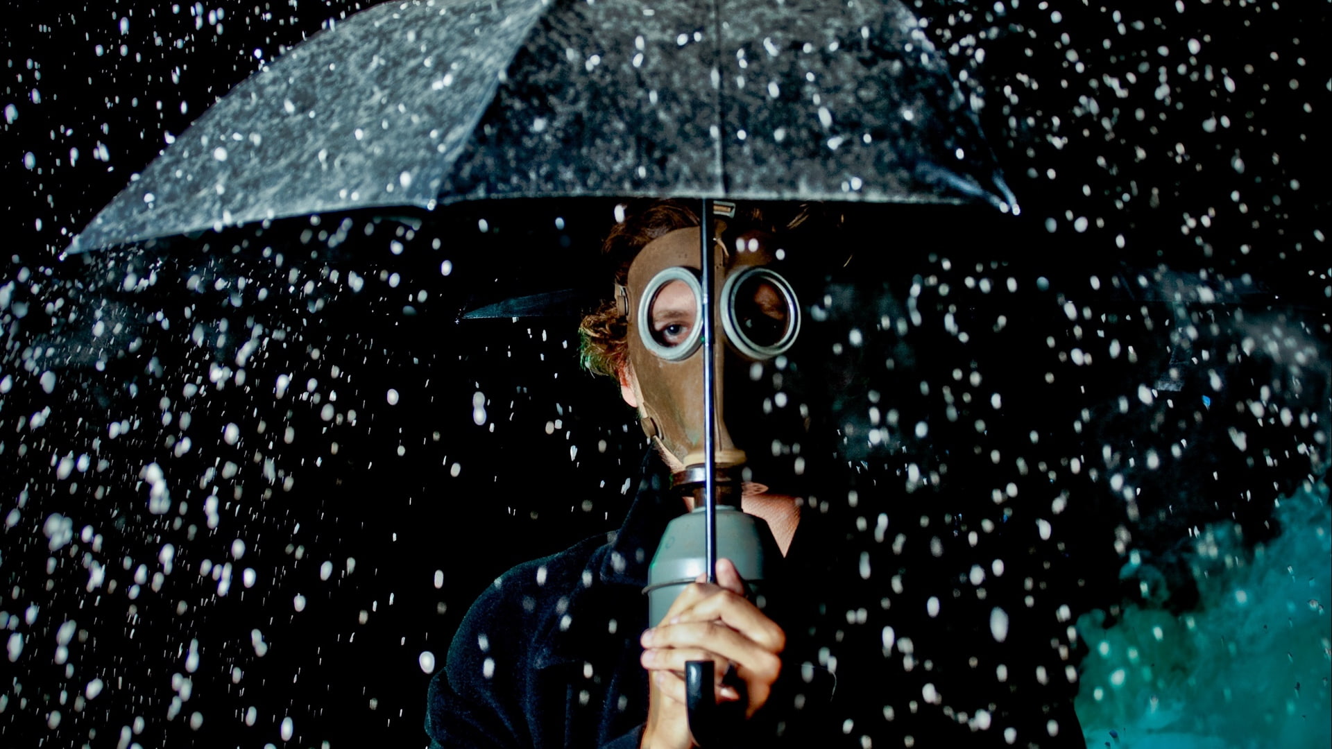 security, one person, adult, wet, standing, snowing, monsoon, umbrella, drop, holding, motion, rainy season, gas masks, protection, 1080P, rain, outdoors, HD Wallpaper