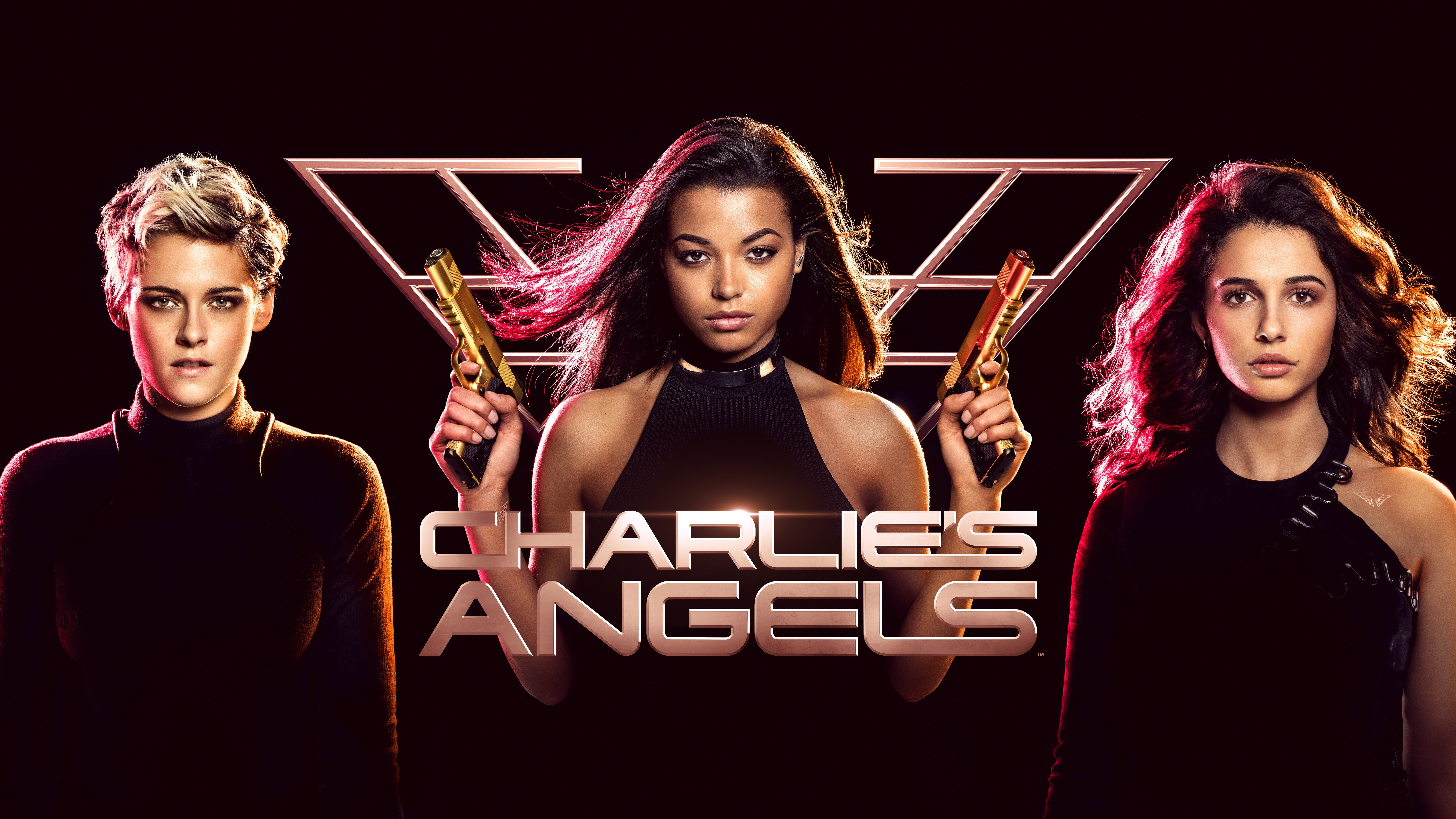 Ella Balinska, Ella Of Balinska, poster, action, Charlies Angels, girls, black background, 8K, Kristen Stewart, Naomi Scott, guns, HD Wallpaper