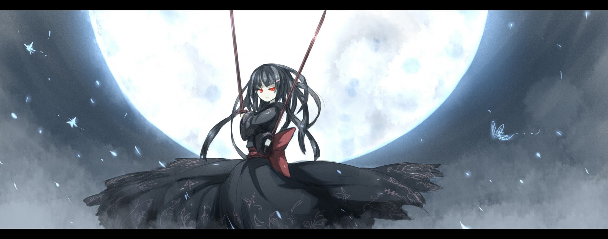 eyes, moon, original, traditional, characters, traditional clothing, black, original characters, red eyes, black hair, clothing, hair, kimono, sword, 1080P, HD Wallpaper