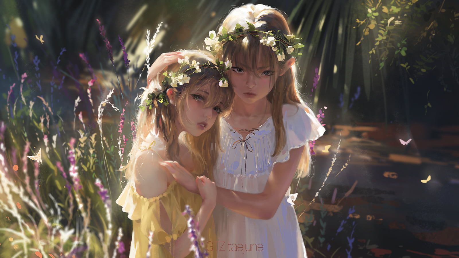 720P, blonde, butterfly, illustration, digital art, drawing, bokeh, looking at viewer, dress, artwork, Taejune Kim, outdoors, women, flower crown, HD Wallpaper