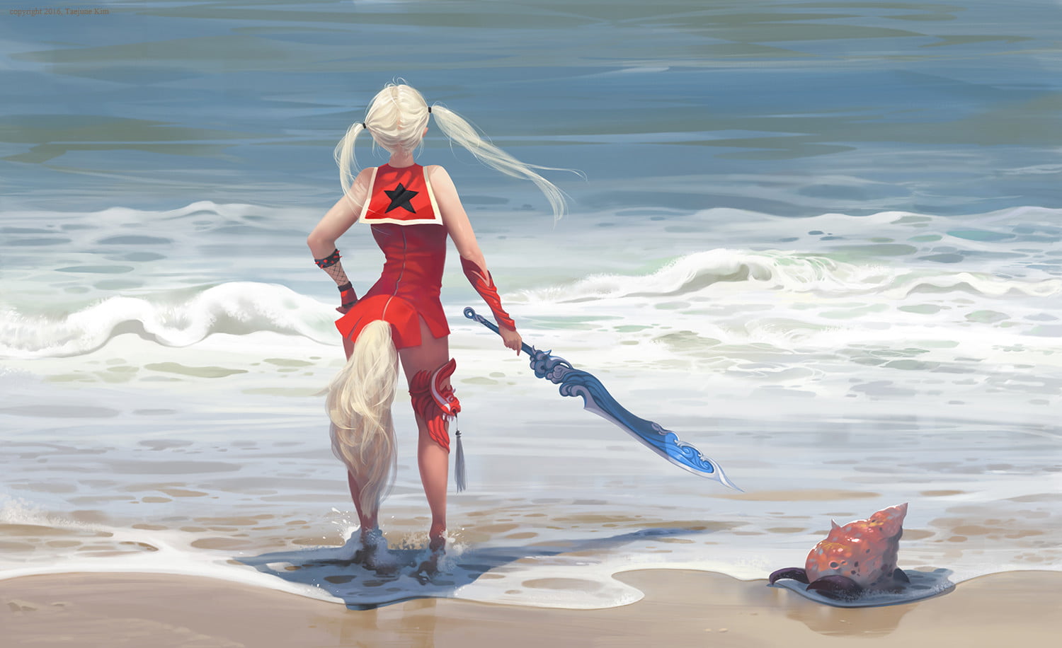 beach, water, Taejune Kim, sea, women, sand, 720P, blonde, long hair, digital art, sword, blouse, HD Wallpaper