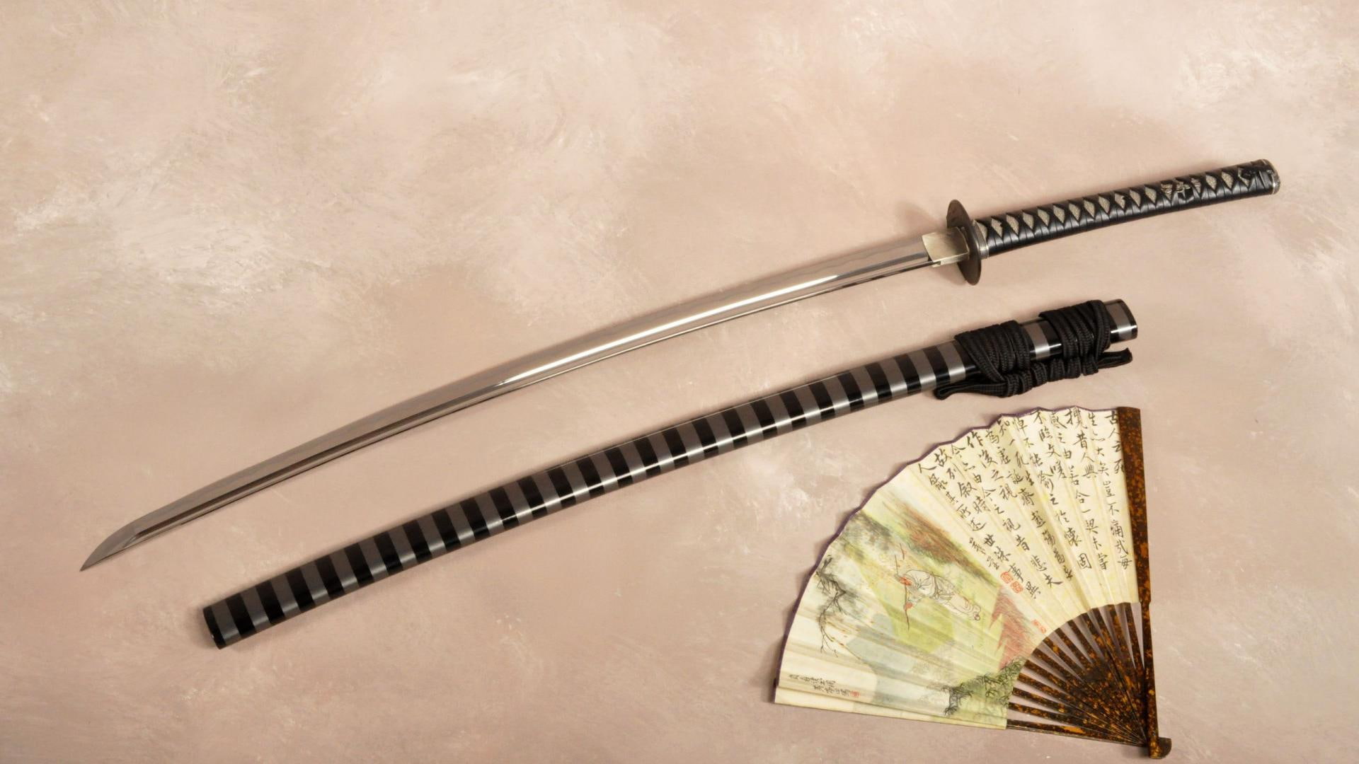 sword, weapon, artifacts, katana, japan, photography, 1080P, cultur, fan, japanese, 3d and abstract, HD Wallpaper