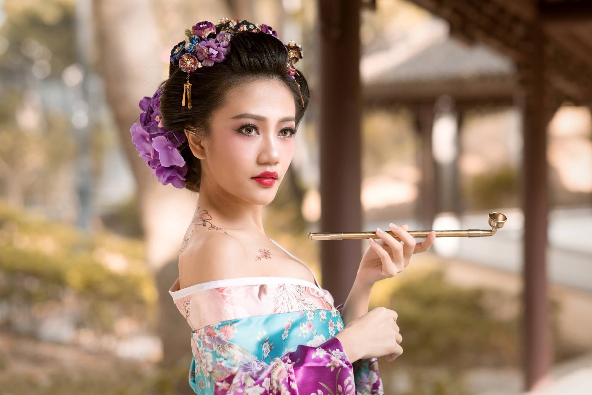 looking, focus on foreground, flowers, nature, tattoo, beautiful woman, clothing, style, portrait, beauty, tube, one person, hairstyle, traditional clothing, HD Wallpaper