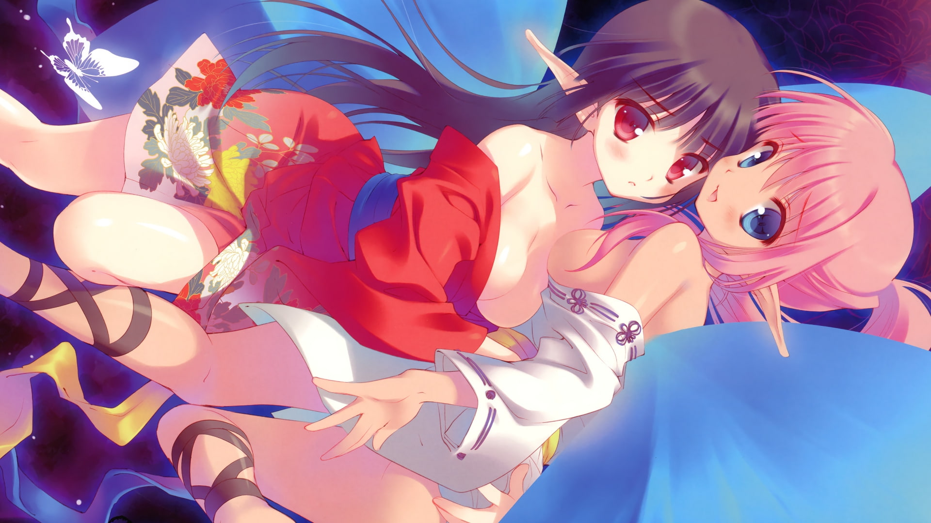 ears, art, long, animals, hair, anime, pink, hd, red, Dress, eyes, two, 1080P, blue, lesbians, girls, original, butterflies, HD Wallpaper
