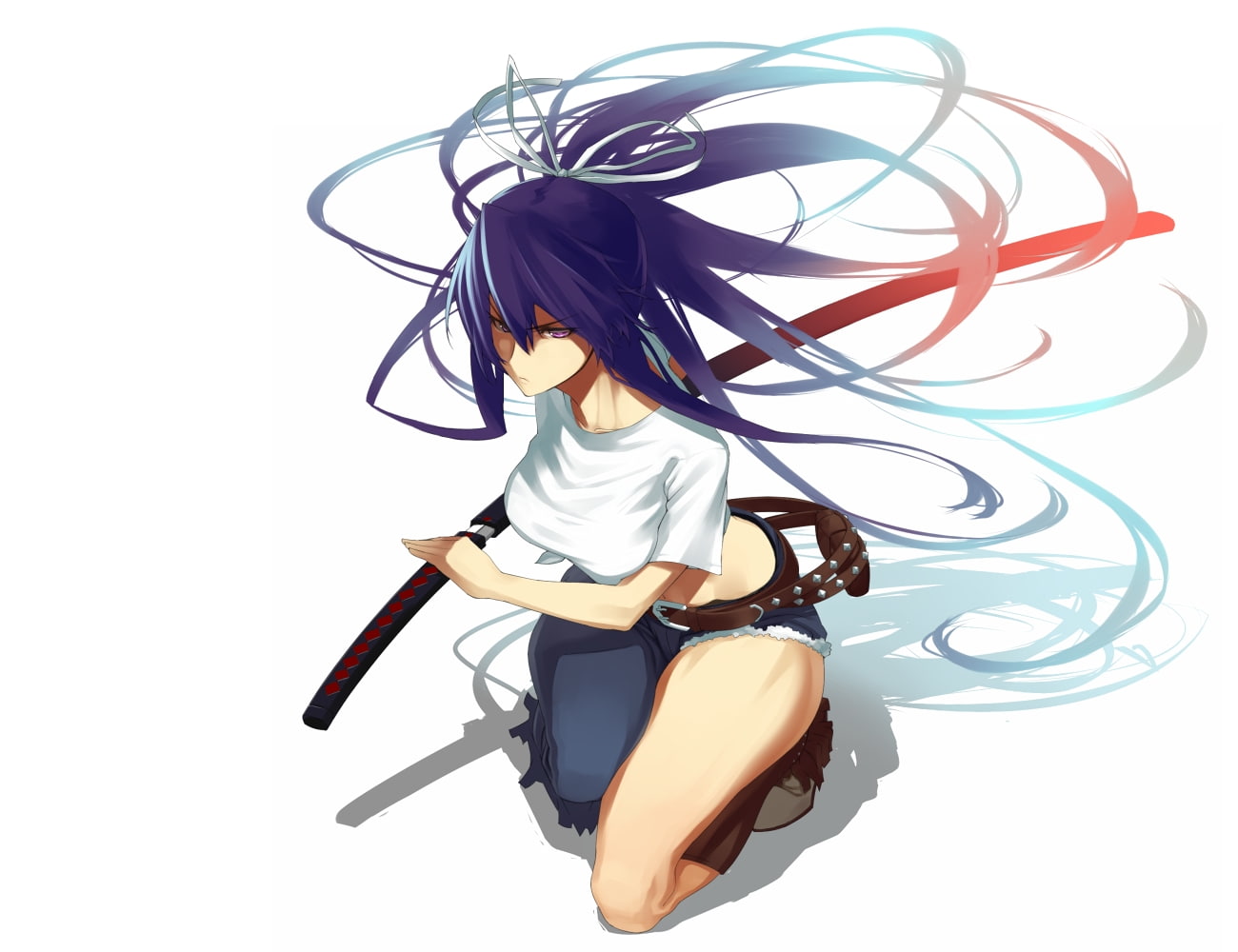 weapons, ponytails, people, long, purple, simple, anime, art, long hair, hd, girls, background, swords, hair, 720P, Katana, kanzaki, kaori, HD Wallpaper