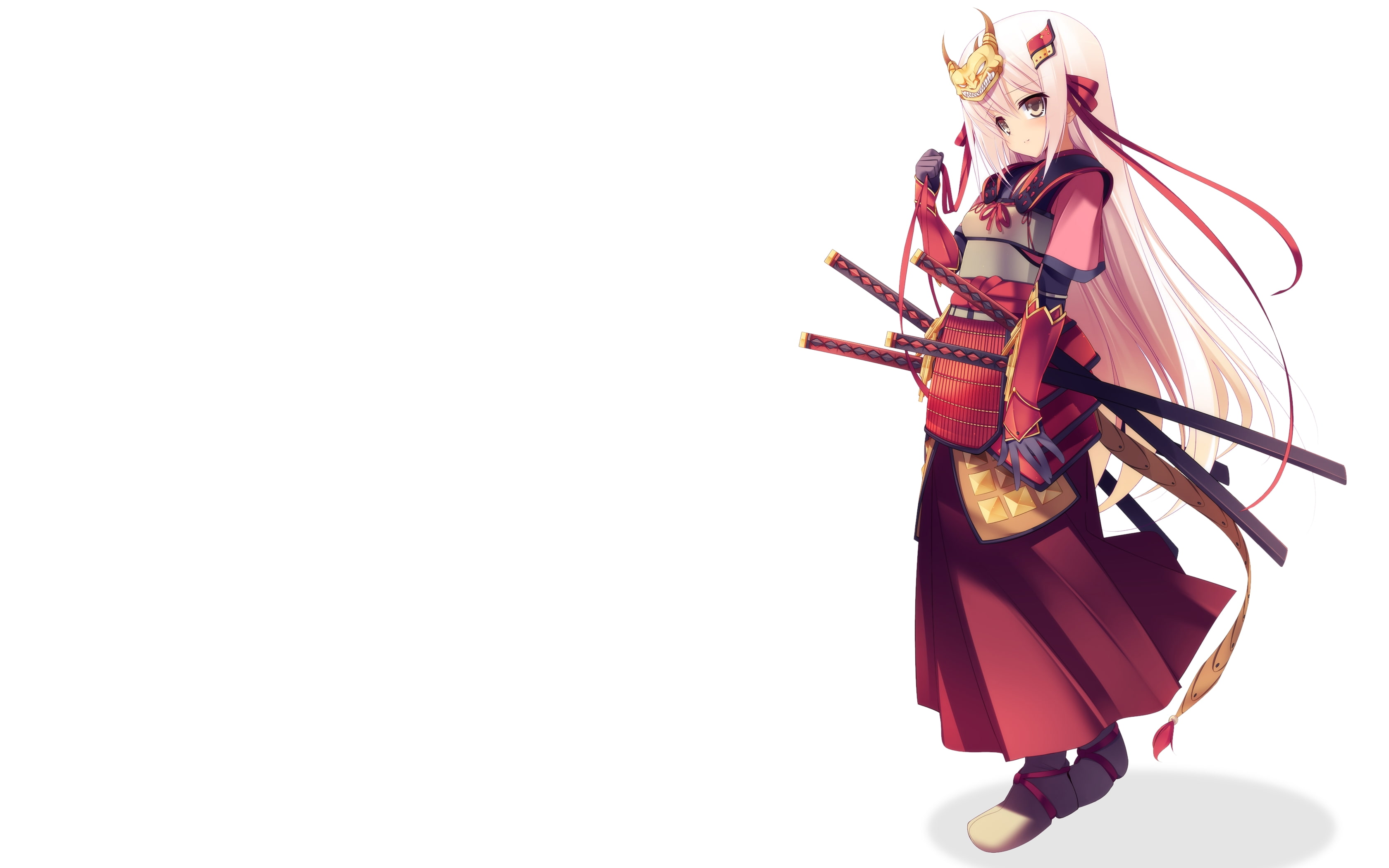 Katana, long hair, background, brown, people, girls, eyes, art, 2K, simple, brown eyes, masks, hair, weapons, s, armor, hime, long, white, pink, hd, anime, HD Wallpaper