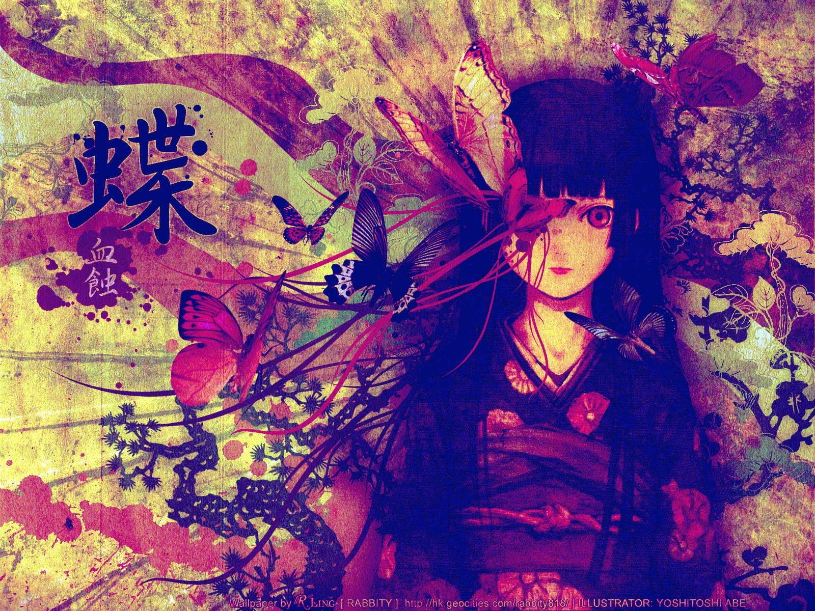 abe, long, blood, shoujo, yoshitoshi, ai, hair, kimono, red, art, hd, Flowers, enma, leaves, clothes, jigoku, 720P, butterflies, animals, eyes, japanese, HD Wallpaper