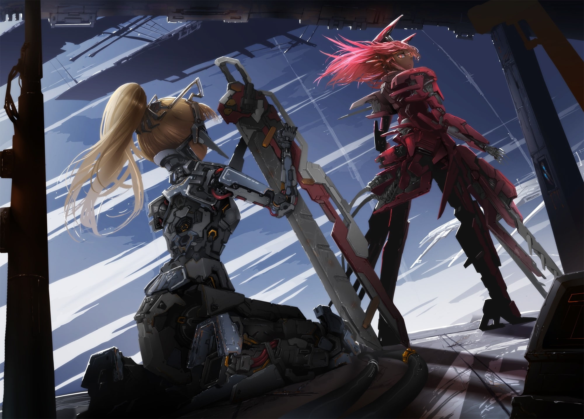 people, ponytails, red, girls, weapons, anime, blondes, mechanical, 1080P, art, pink, hair, eyes, long, swo, redheads, hd, HD Wallpaper