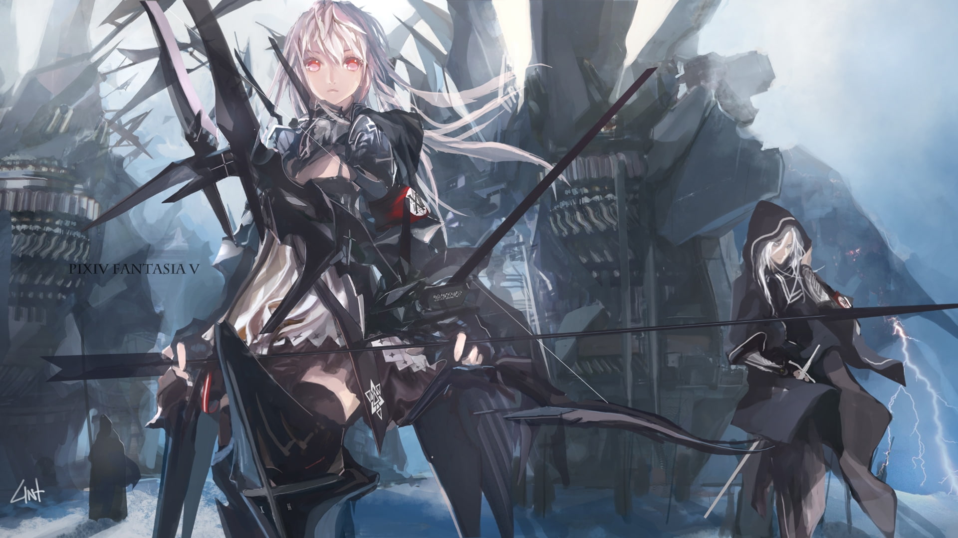 weapons, hot, x, fantasia, red, arrows, eyes, hair, Pixiv, hd, 1080P, girls, anime, art, white, HD Wallpaper