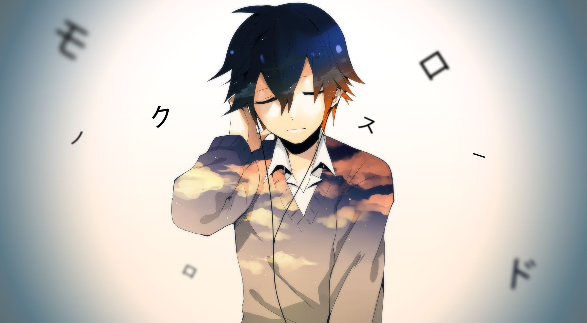 anime, art, text, hd, vocaloid, japanese, short, characters, brunettes, people, earphones, eyes, short hair, closed, 1080P, hair, boys, HD Wallpaper