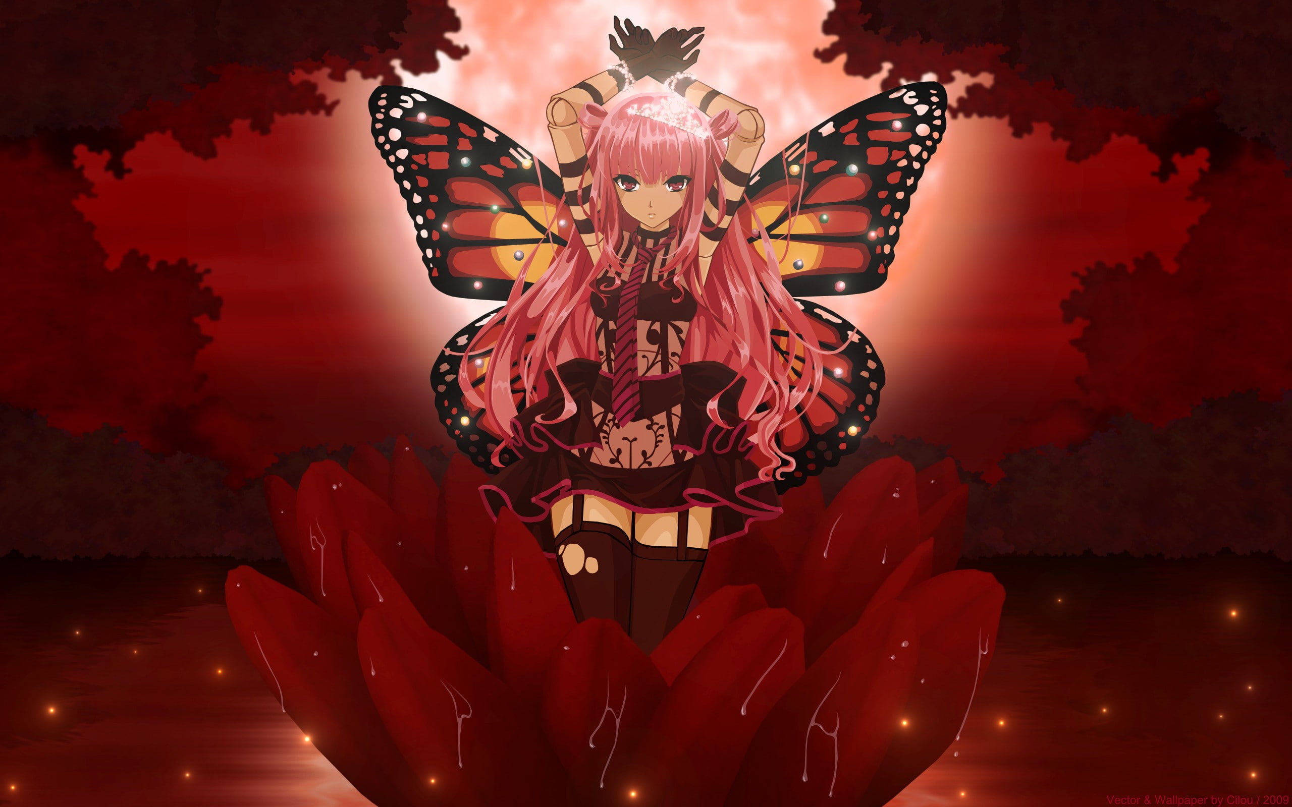 red, pi, art, thigh, beatmania, flowers, pink, sparkles, gloves, highs, hd, dolls, tie, butterflies, animals, wings, hair, long, 2K, HD Wallpaper