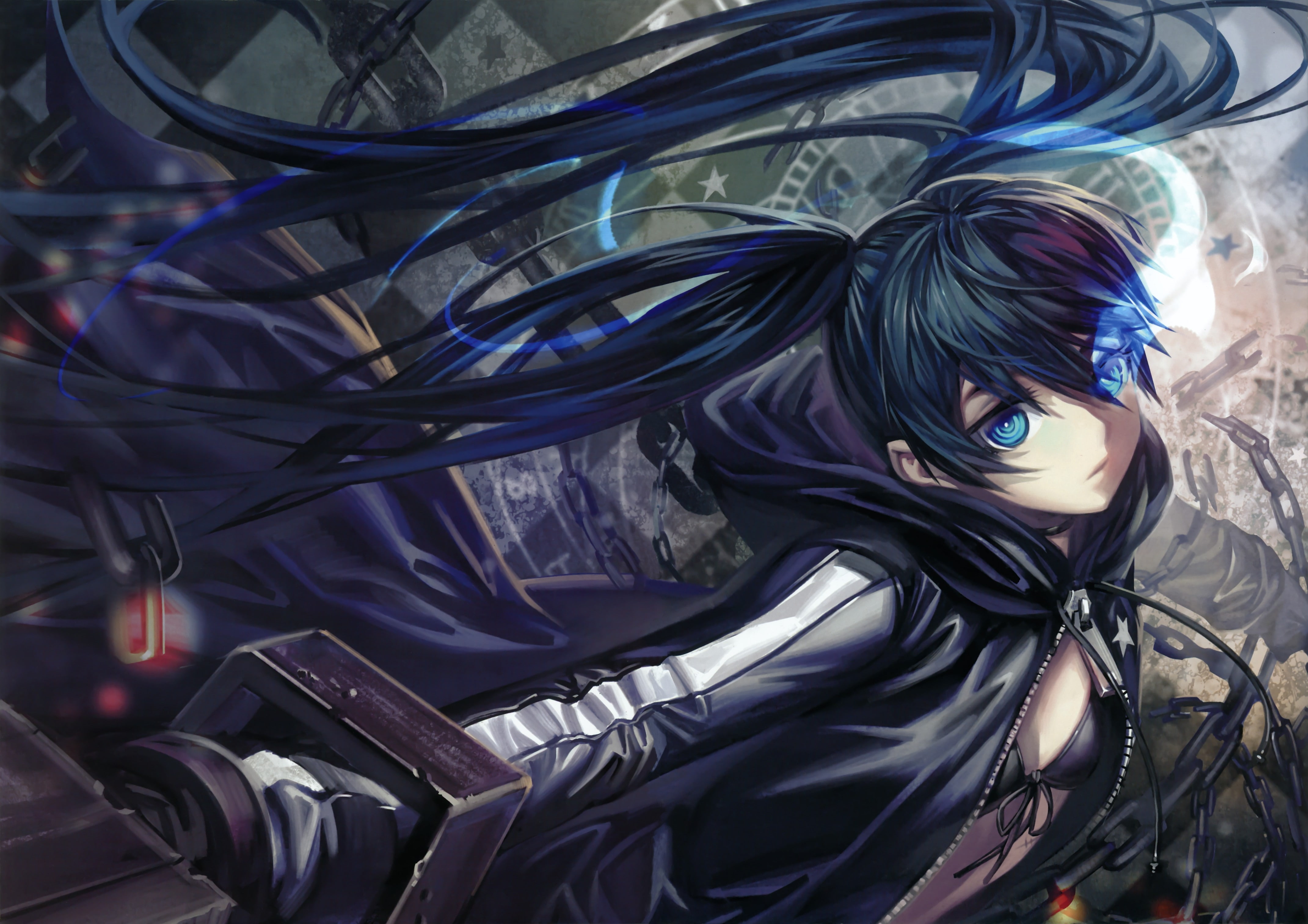 chains, Black Rock Shooter, anime, art, weapons, long, girls, coat, hd, 4K, people, glowi, twintails, cannons, blue, capes, rock, eyes, black, hair, shooter, HD Wallpaper