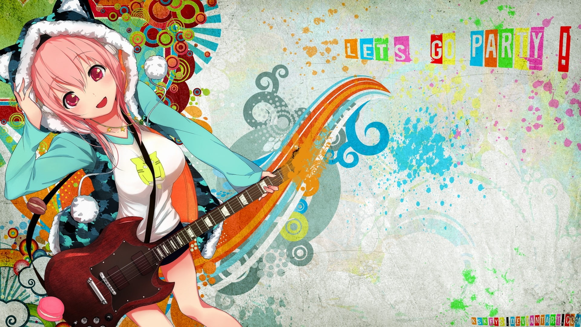 pink, 1080P, red, headphones, long, animal, hair, girl, cats, text, art, colorful, instrumen, eyes, animals, hd, nekomimi, ears, HD Wallpaper