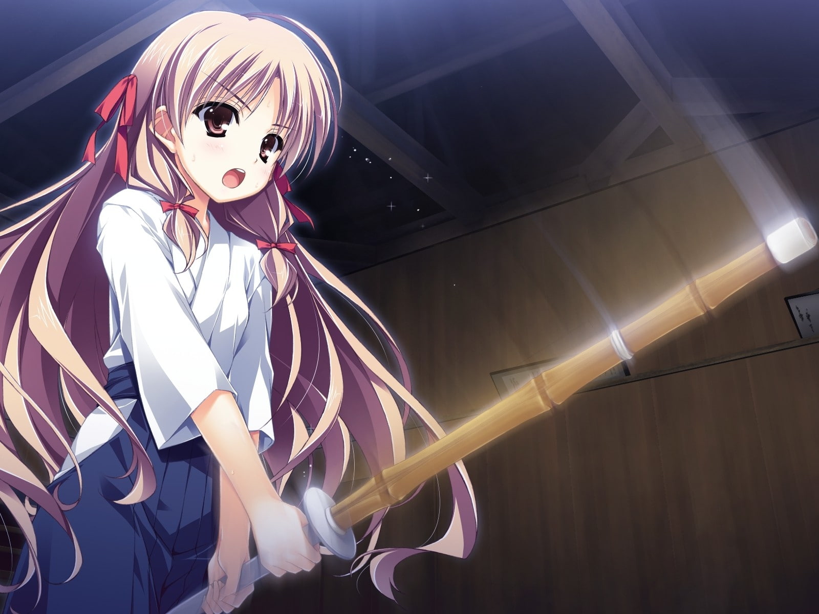 abstract, eyes, long hair, game, blondes, art, lavender, brown, cg, anime, hair, clothes, long, d, 720P, hd, japanese, kendo, HD Wallpaper