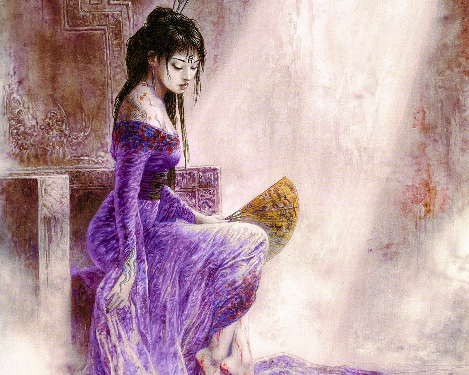mood, royo, drawing, women, asian, geisha, art, dress, luis, 720P, oriental, tattoo, HD Wallpaper