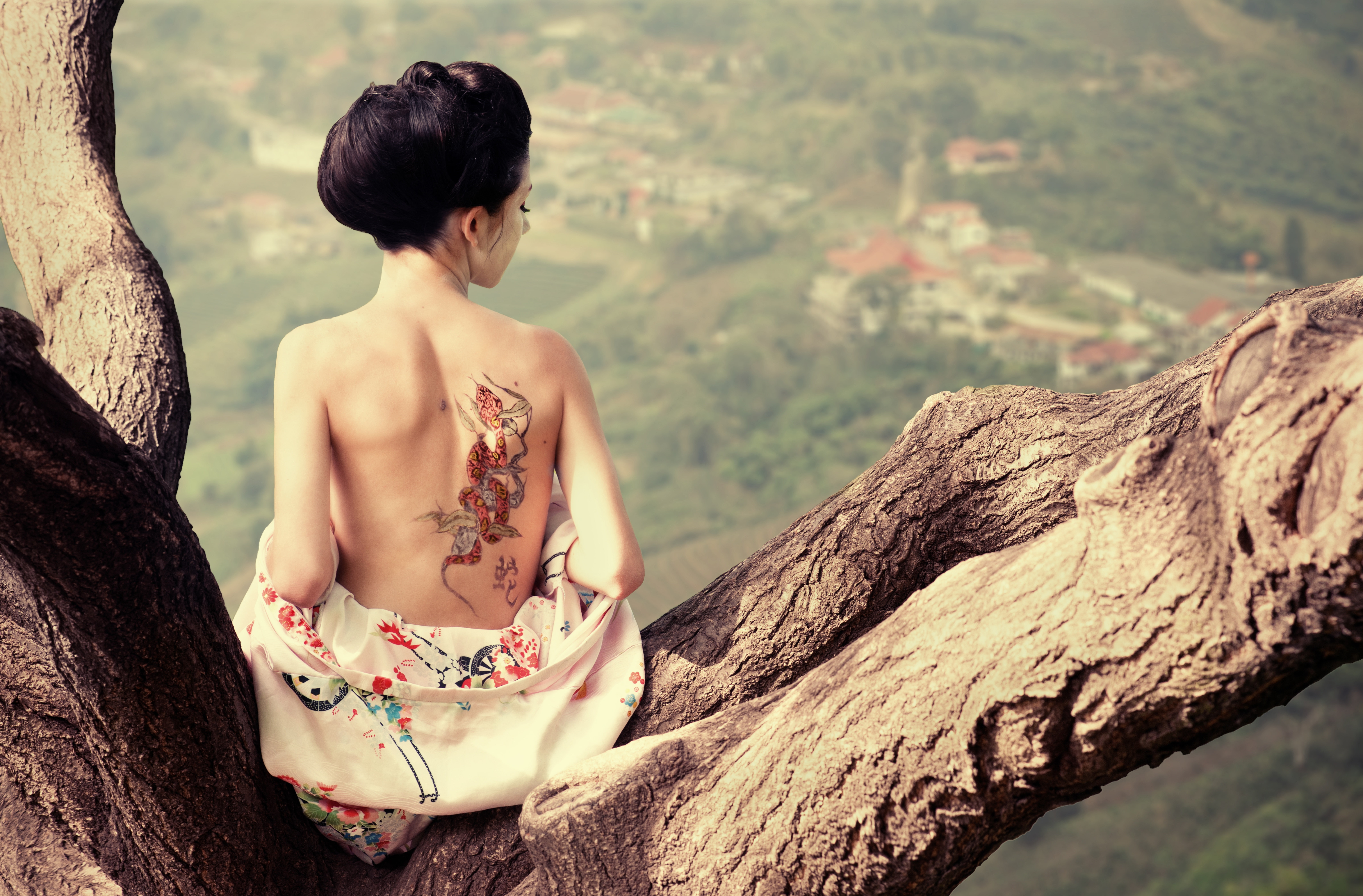young adult, beautiful woman, pink, top, focus on foreground, rear view, tree trunk, tattoo, tree, geisha, women, nature, profile, back, real people, young women, HD Wallpaper
