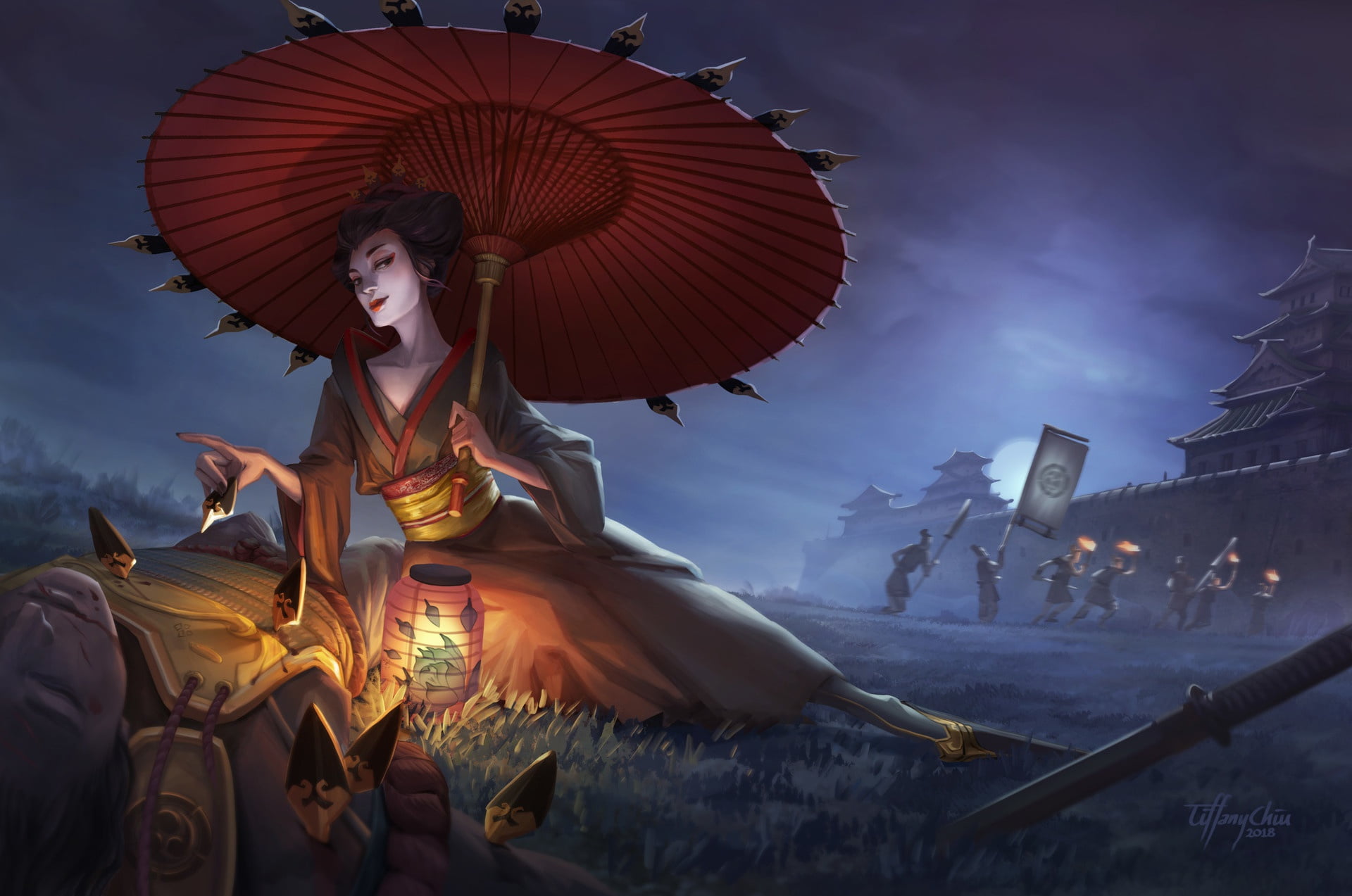 1080P, Umbrella, Oriental, Lantern, Girl, Fantasy, Castle, Geisha, Woman, HD Wallpaper