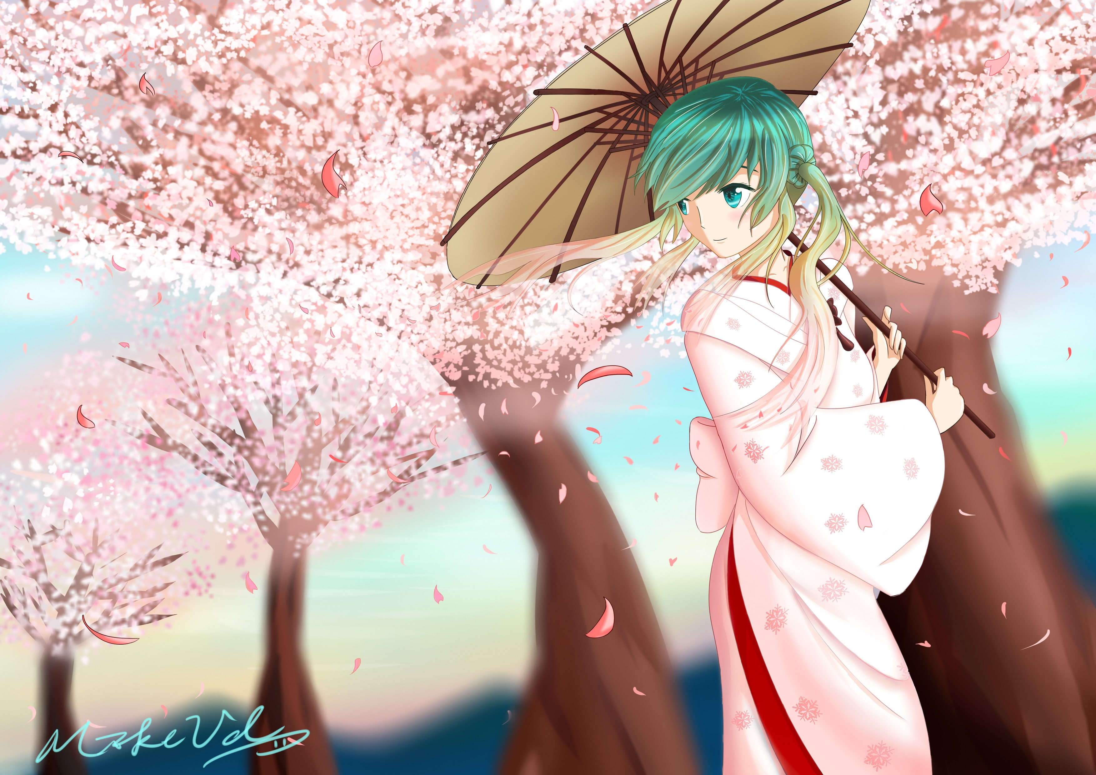 2K, Vocaloid, anime girls, Japanese umbrella, Hatsune Miku, anime, Sakura Miku, HD Wallpaper