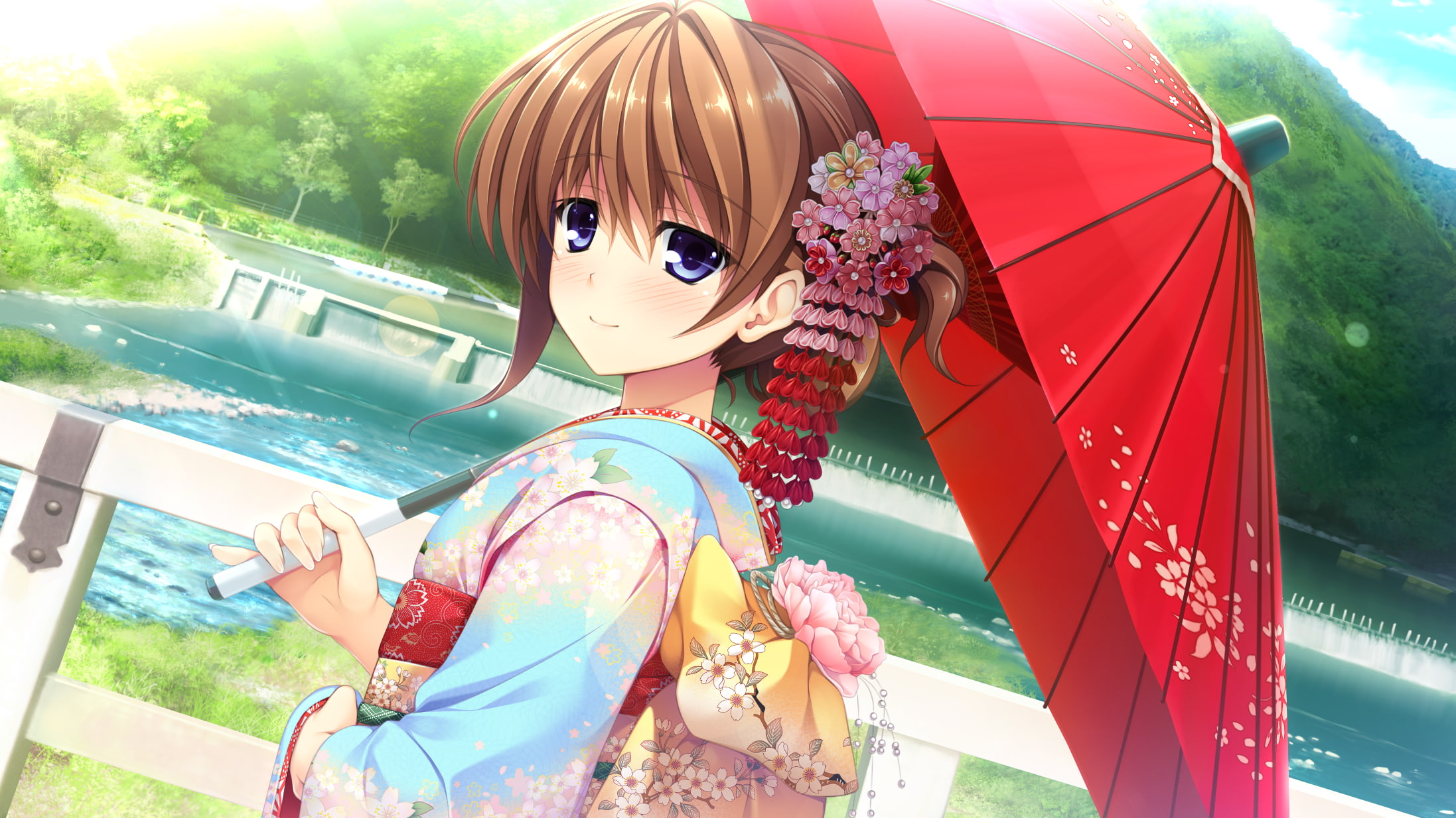 kimono, anime girls, Japanese umbrella, 1080P, HD Wallpaper