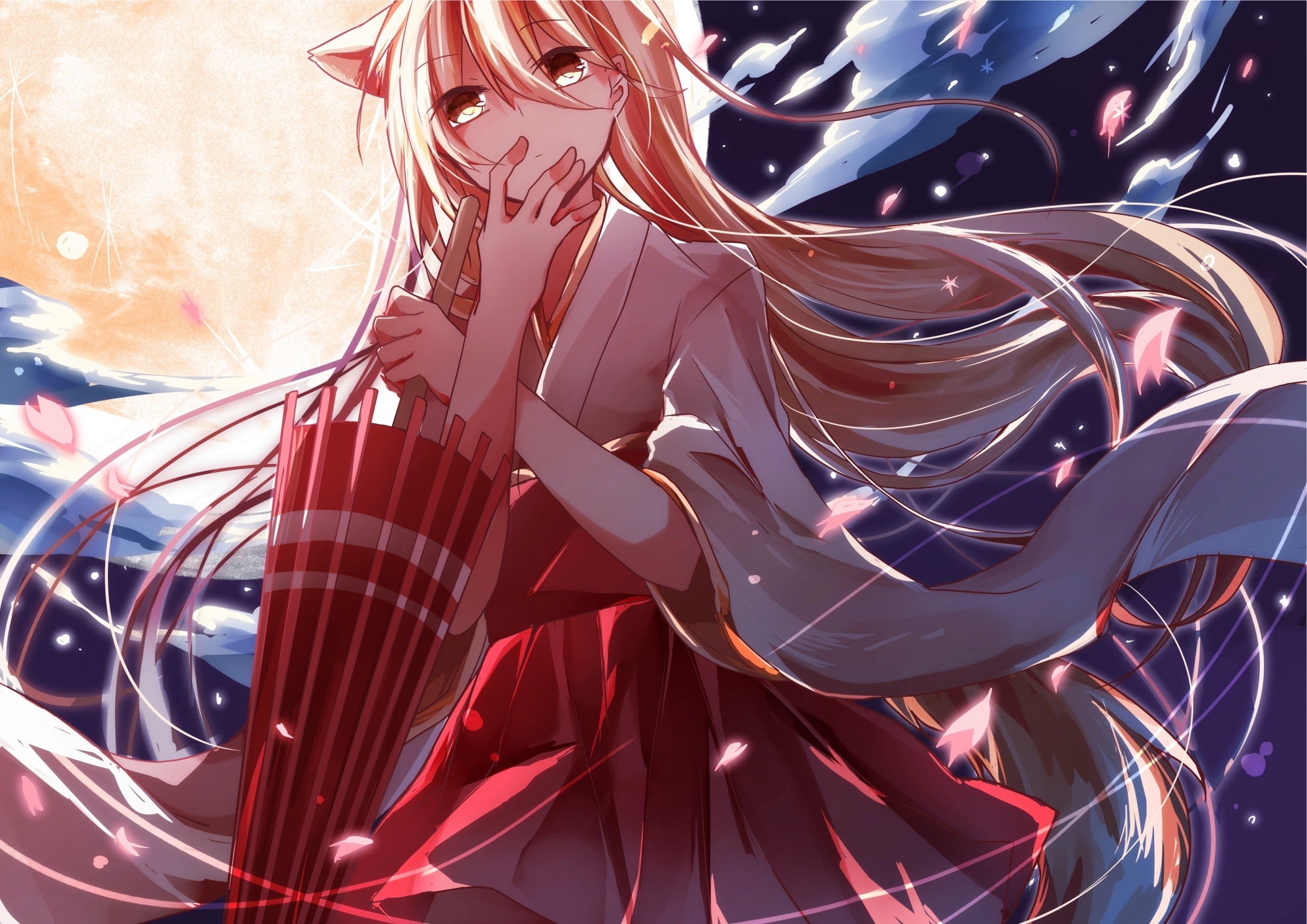 japanese, 1080P, anime girls, japanese umbrella, miko, girls, original characters, moon, original, anime, characters, 2000x1414, umbrella, HD Wallpaper