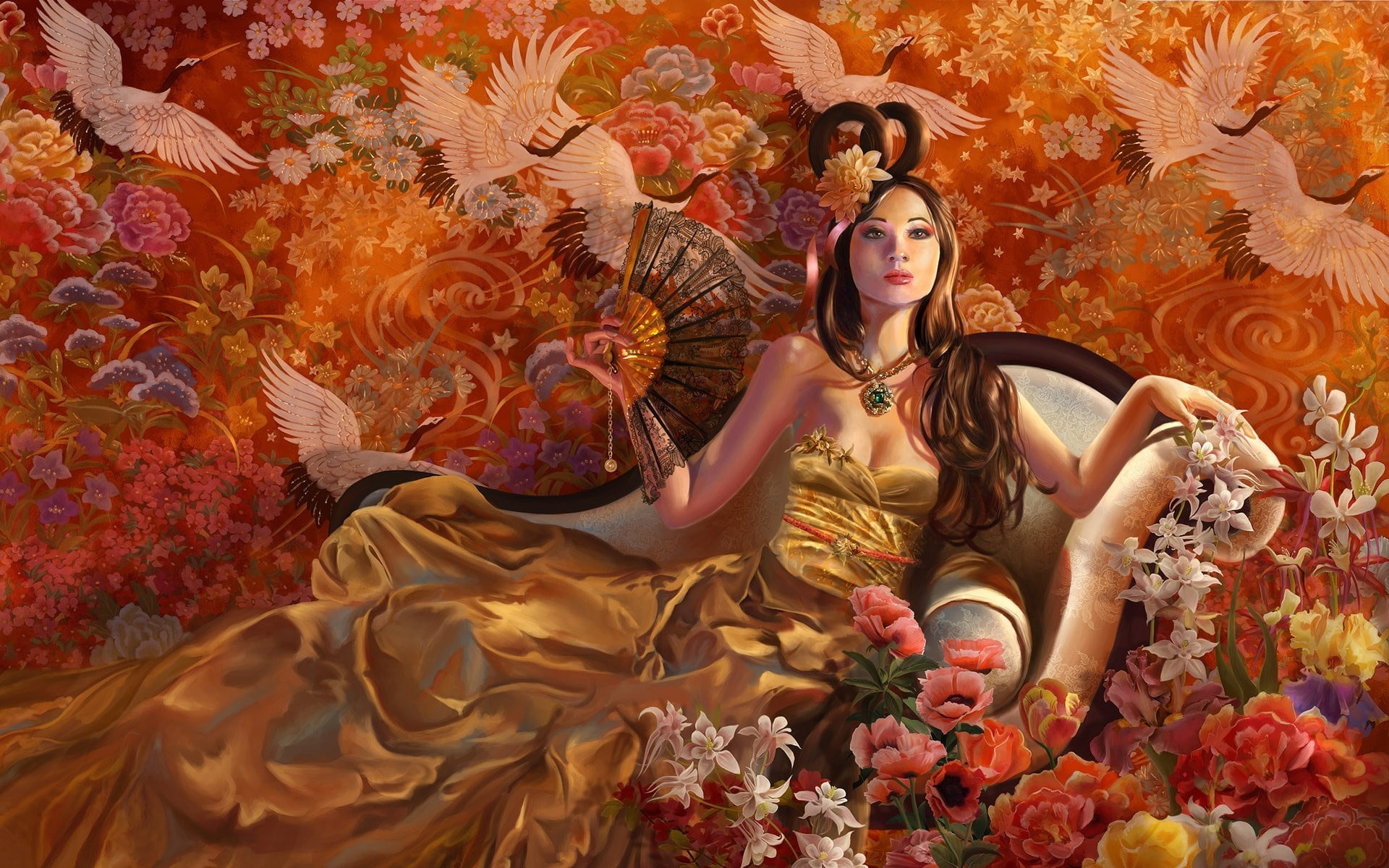 queen, 1080P, geisha, crane, fantasy, HD Wallpaper