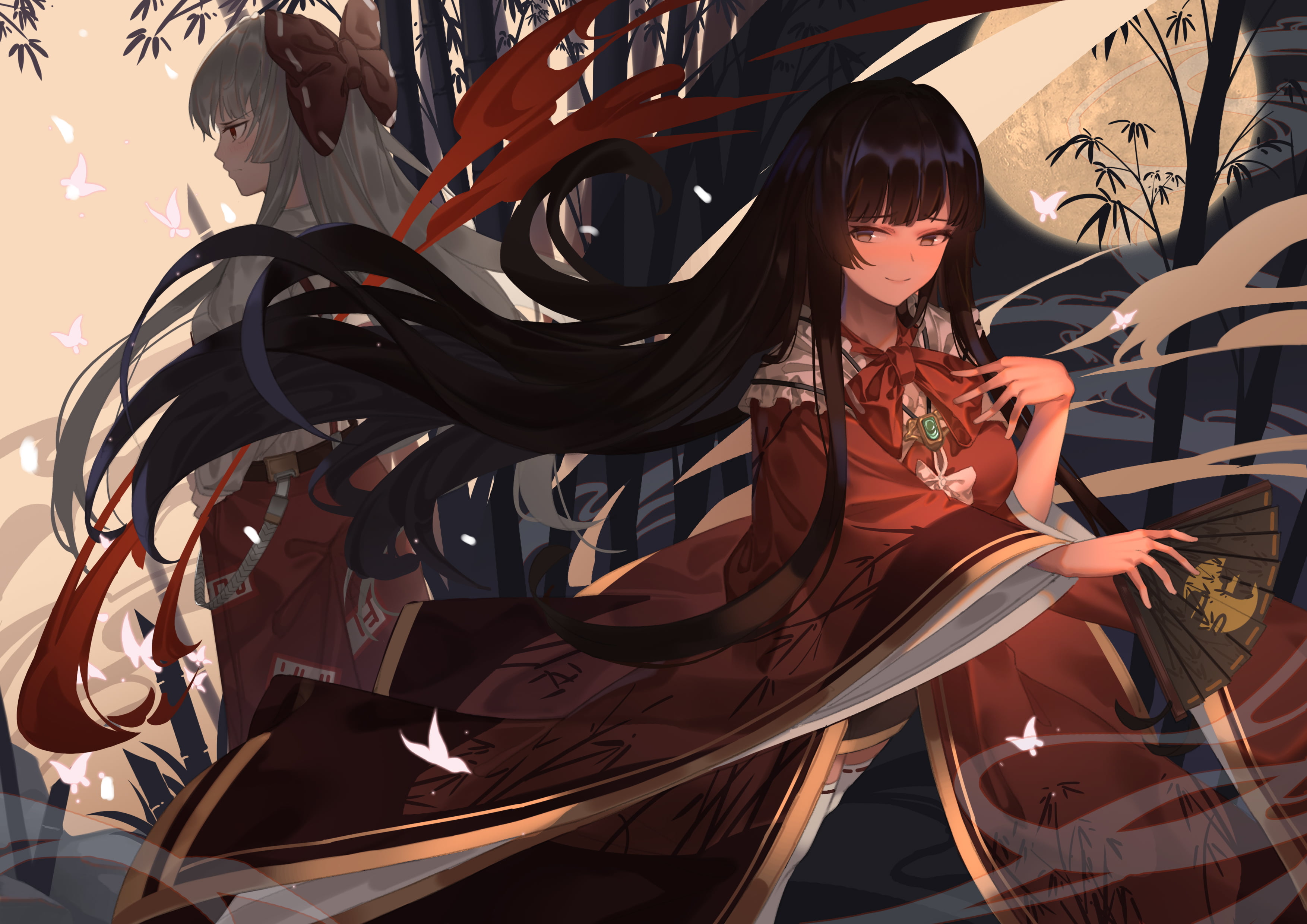 Kaguya Houraisan, Fujiwara no Mokou, Anime, Touhou, 2K, HD Wallpaper