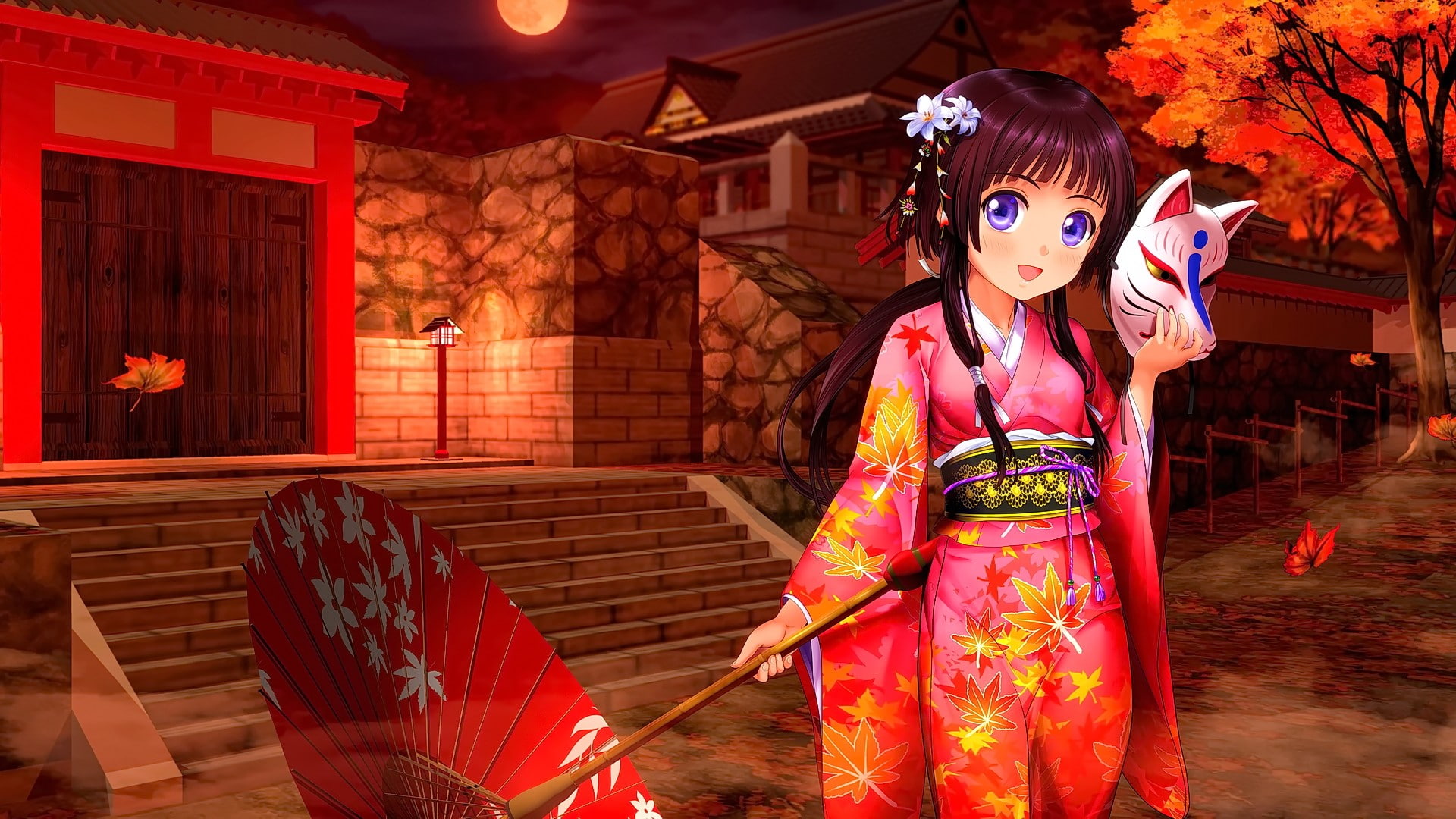 smiling, architecture, costume, traditional clothing, clothing, women, kimono, nature, fall, long hair, young women, open mouth, anime girls, 1080P, one person, HD Wallpaper