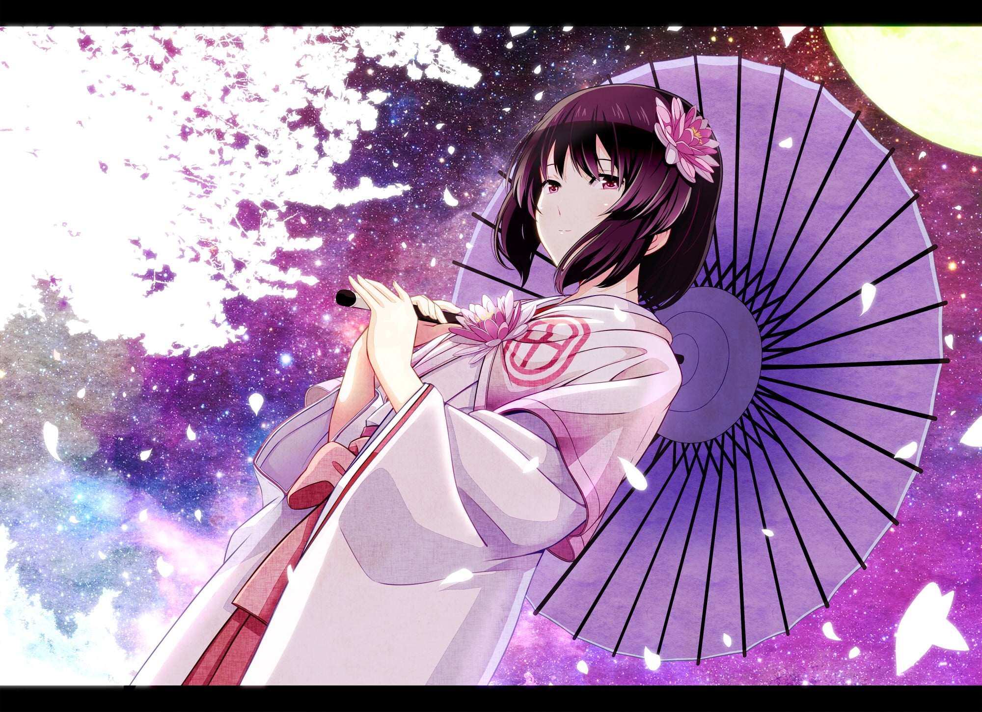 1080P, women, short hair, day, anime girls, outdoors, transfer print, multi colored, one person, low angle view, fragility, umbrella, plant, ribbon, representation, HD Wallpaper