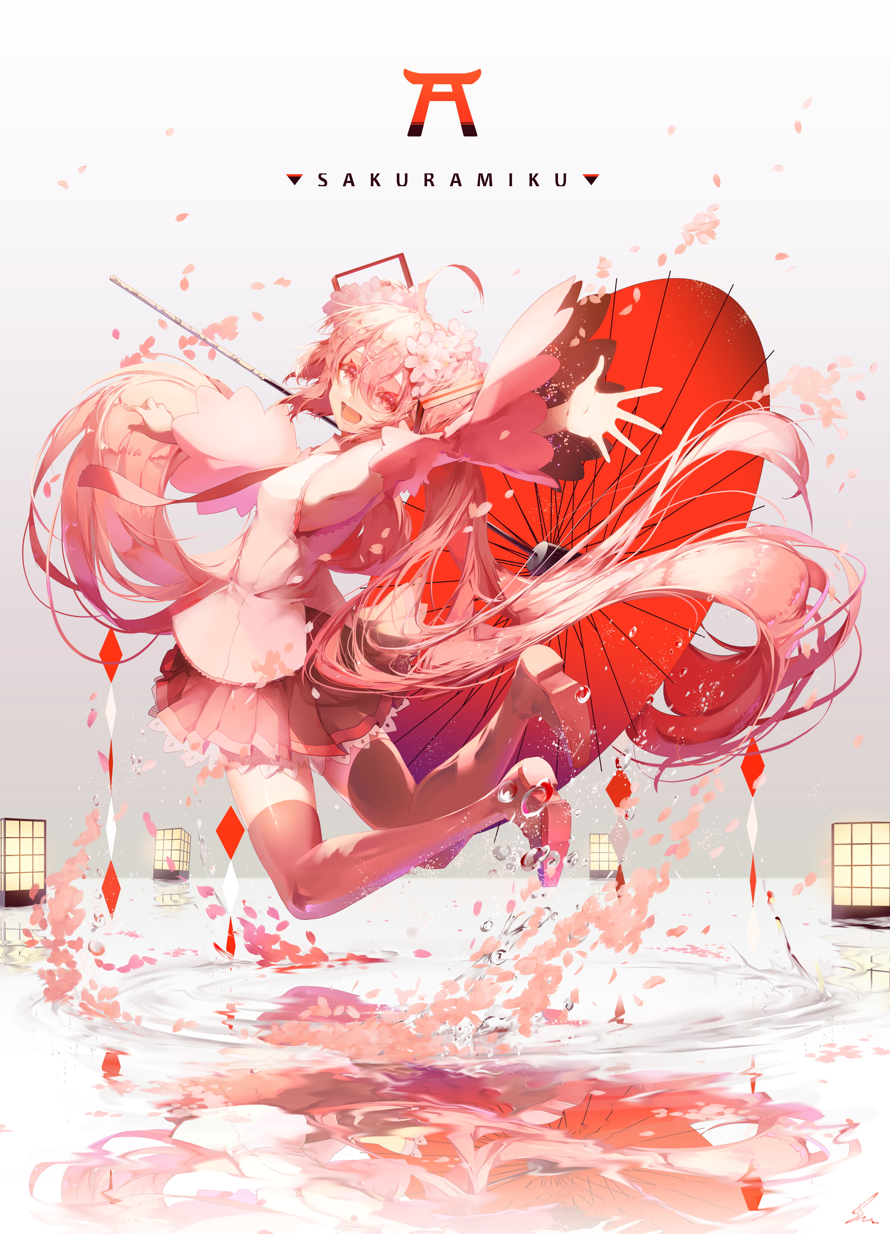 anime girls, twintails, Sakura Miku, 4K, long hair, Japanese umbrella, Hatsune Miku, Vocaloid, anime, Phone HD Wallpaper
