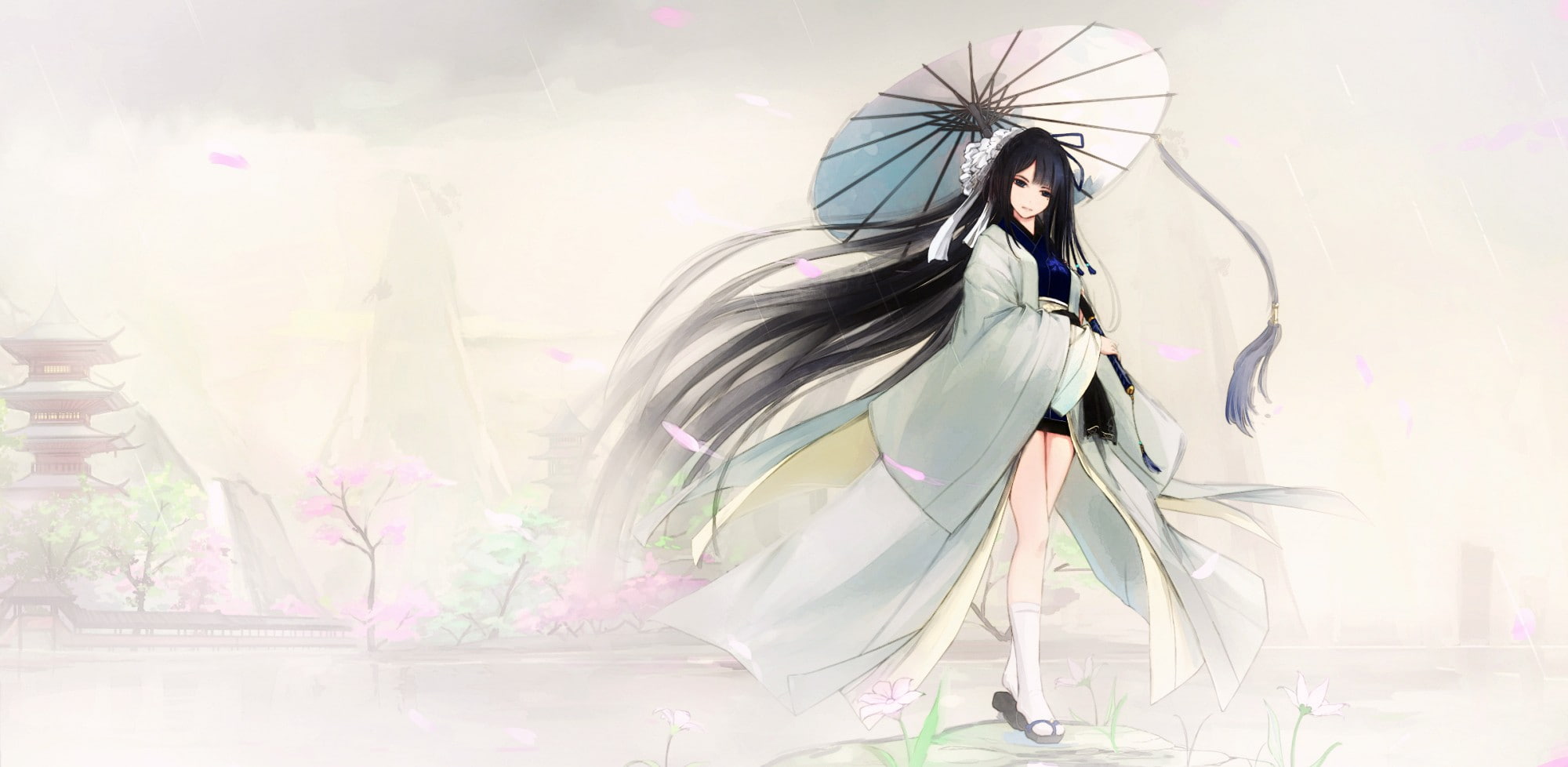 1080P, anime girls, kimono, original characters, umbrella, Japanese clothes, HD Wallpaper
